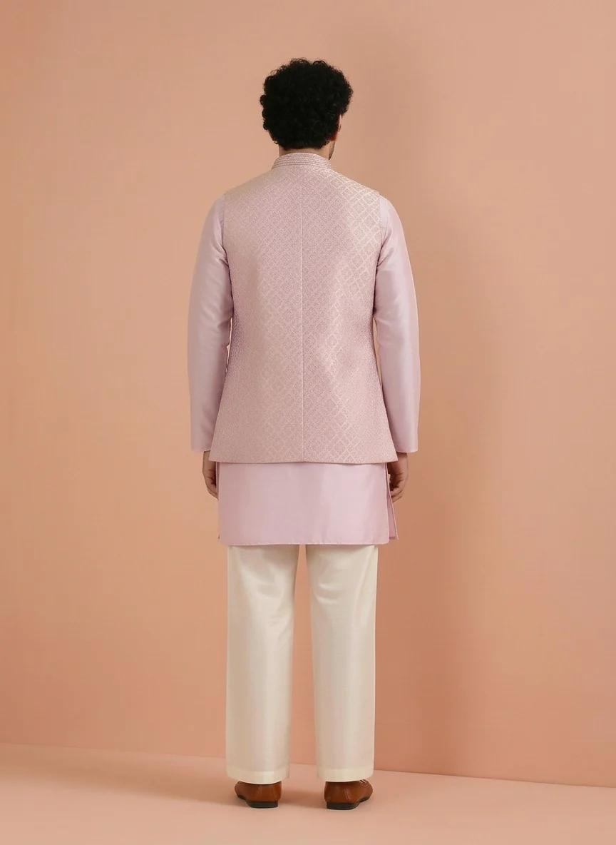 Lilac Jacquard Mid Kurta Front Open Jacket Wide Leg Trouser Set - Image 3