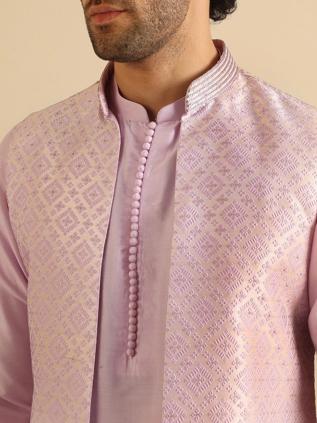 Lilac Jacquard Mid Kurta Front Open Jacket Wide Leg Trouser Set - Image 4