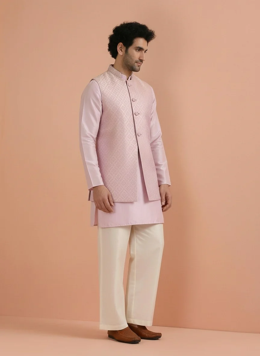Lilac Jacquard Mid Kurta Front Open Jacket Wide Leg Trouser Set - Image 6