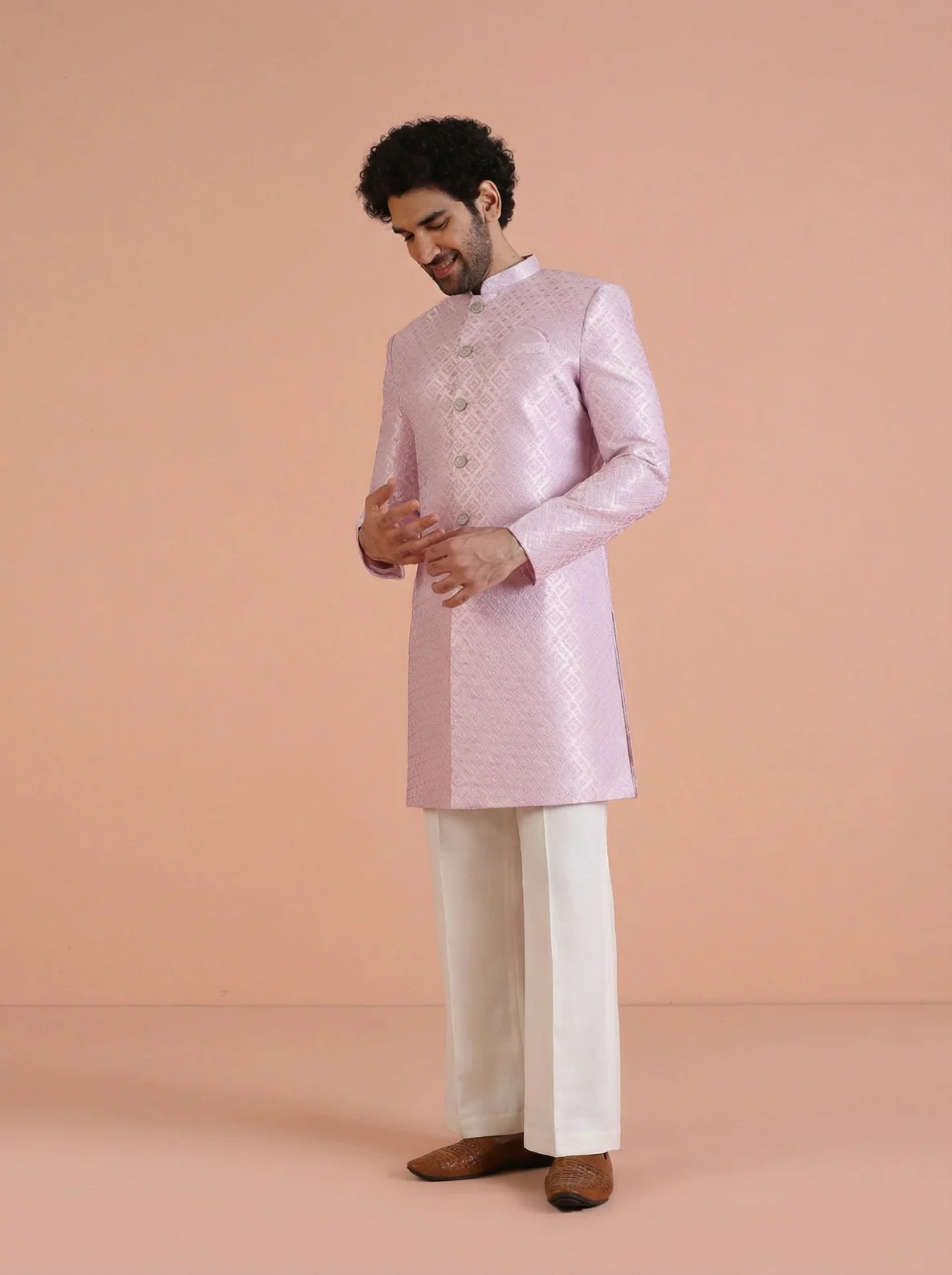 Lilac Jacquard Woven Design Sherwani Wide Leg Trouser Set - Image 2