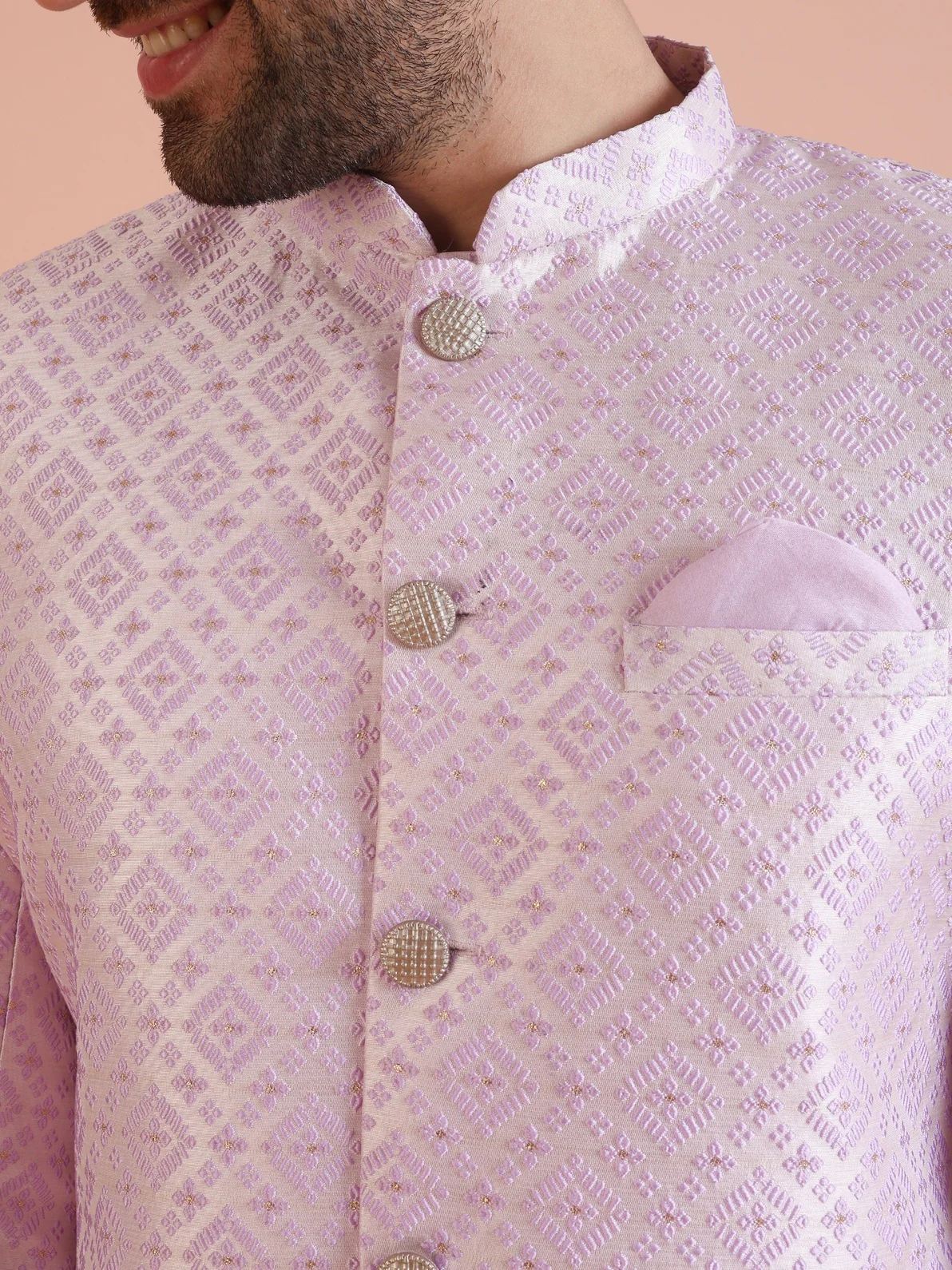 Lilac Jacquard Woven Design Sherwani Wide Leg Trouser Set - Image 4