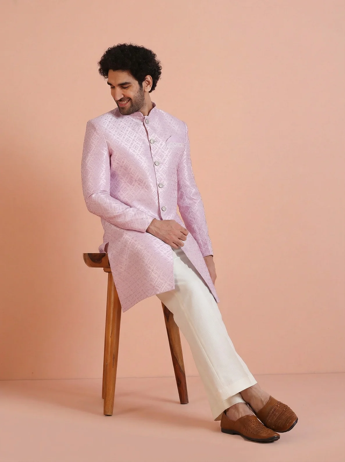 Lilac Jacquard Woven Design Sherwani Wide Leg Trouser Set - Image 7
