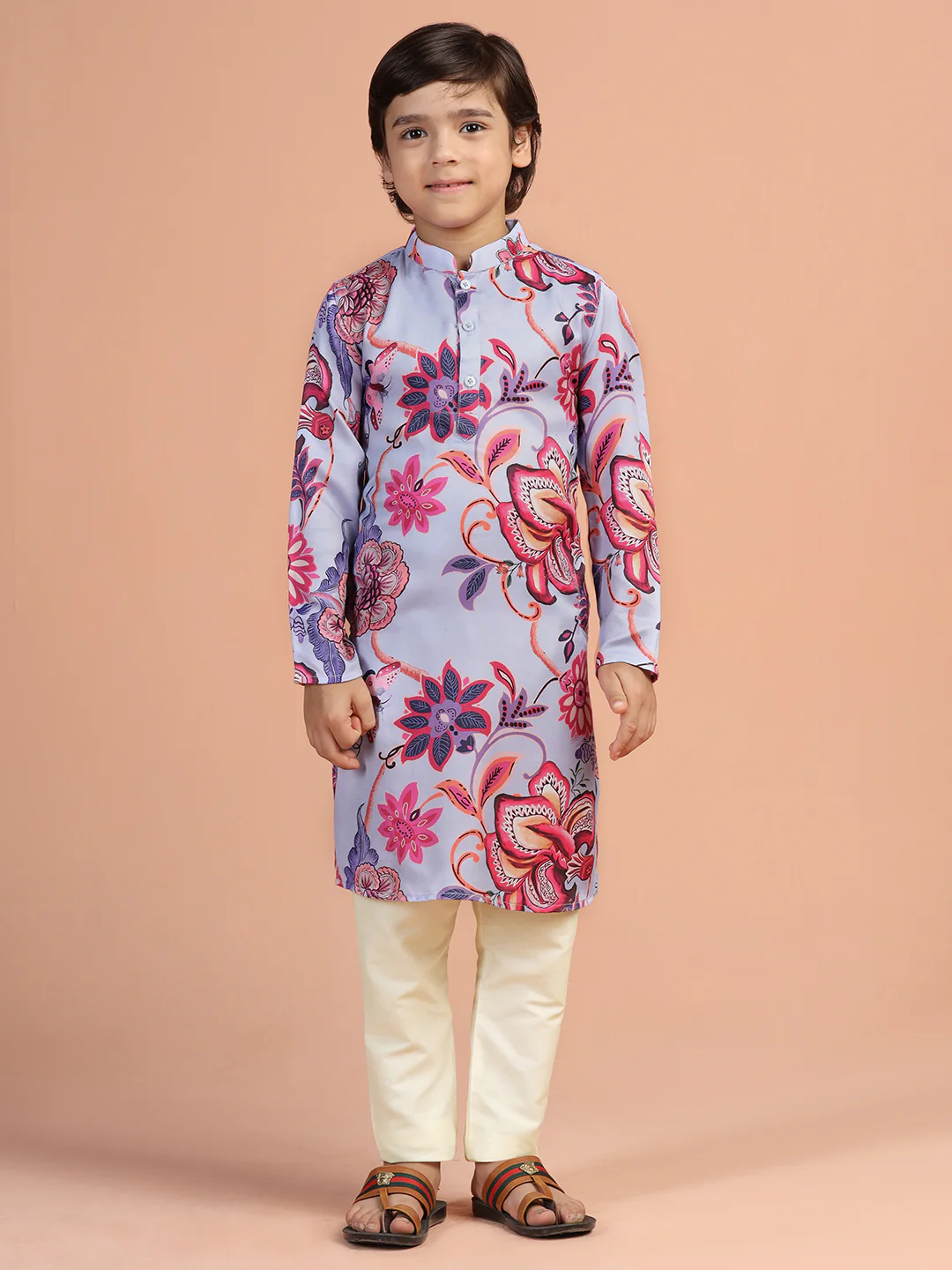 Lilac Pink Floral Kids Kurta Set - Image 7