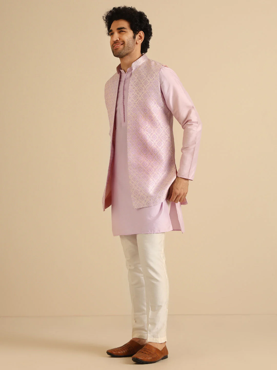 Lilac Silk Blend Textured Jacket Kurta Trouser Set - Image 2