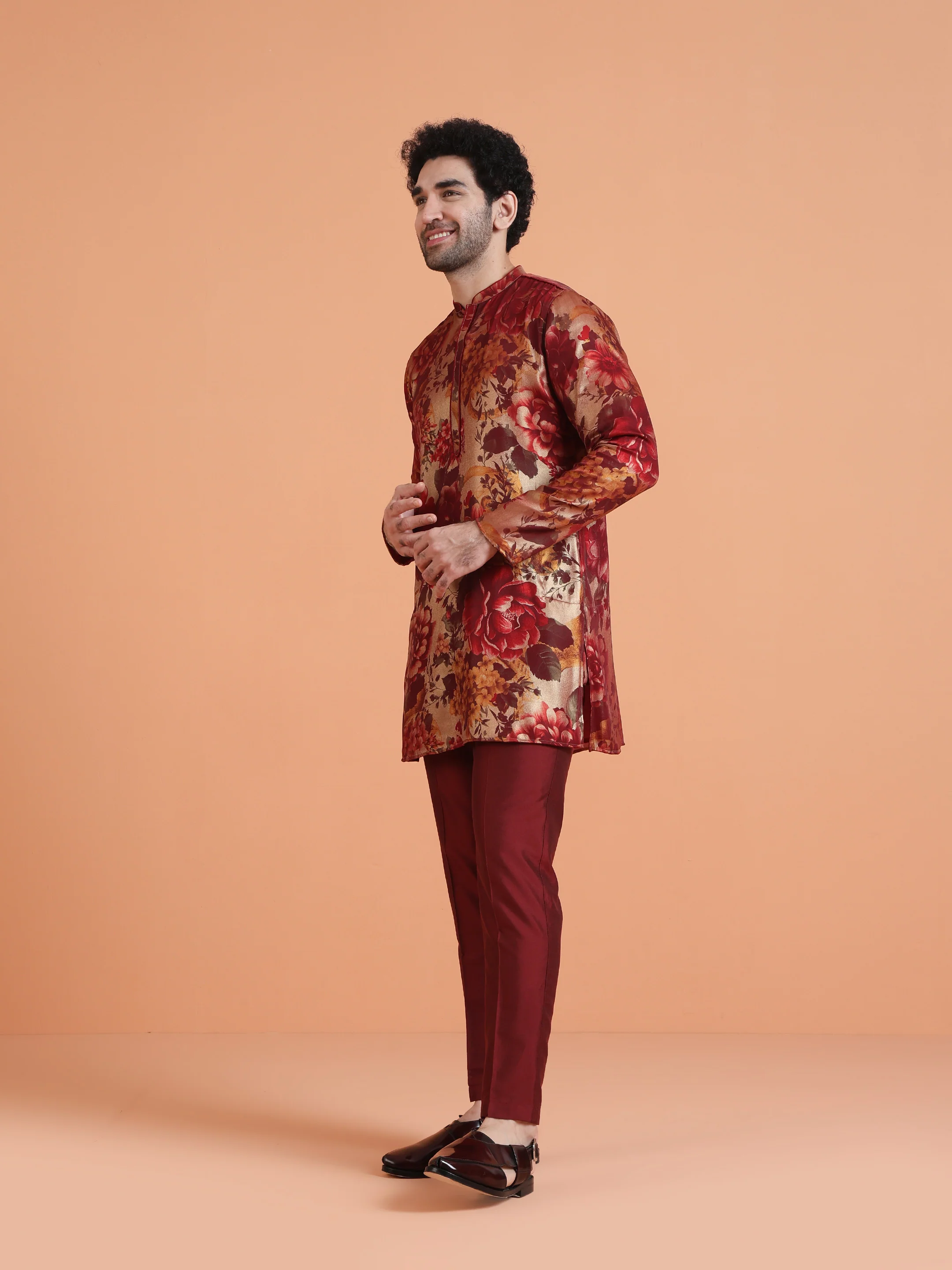 Maroon Art Silk Bold Floral Mid Kurta - Image 2