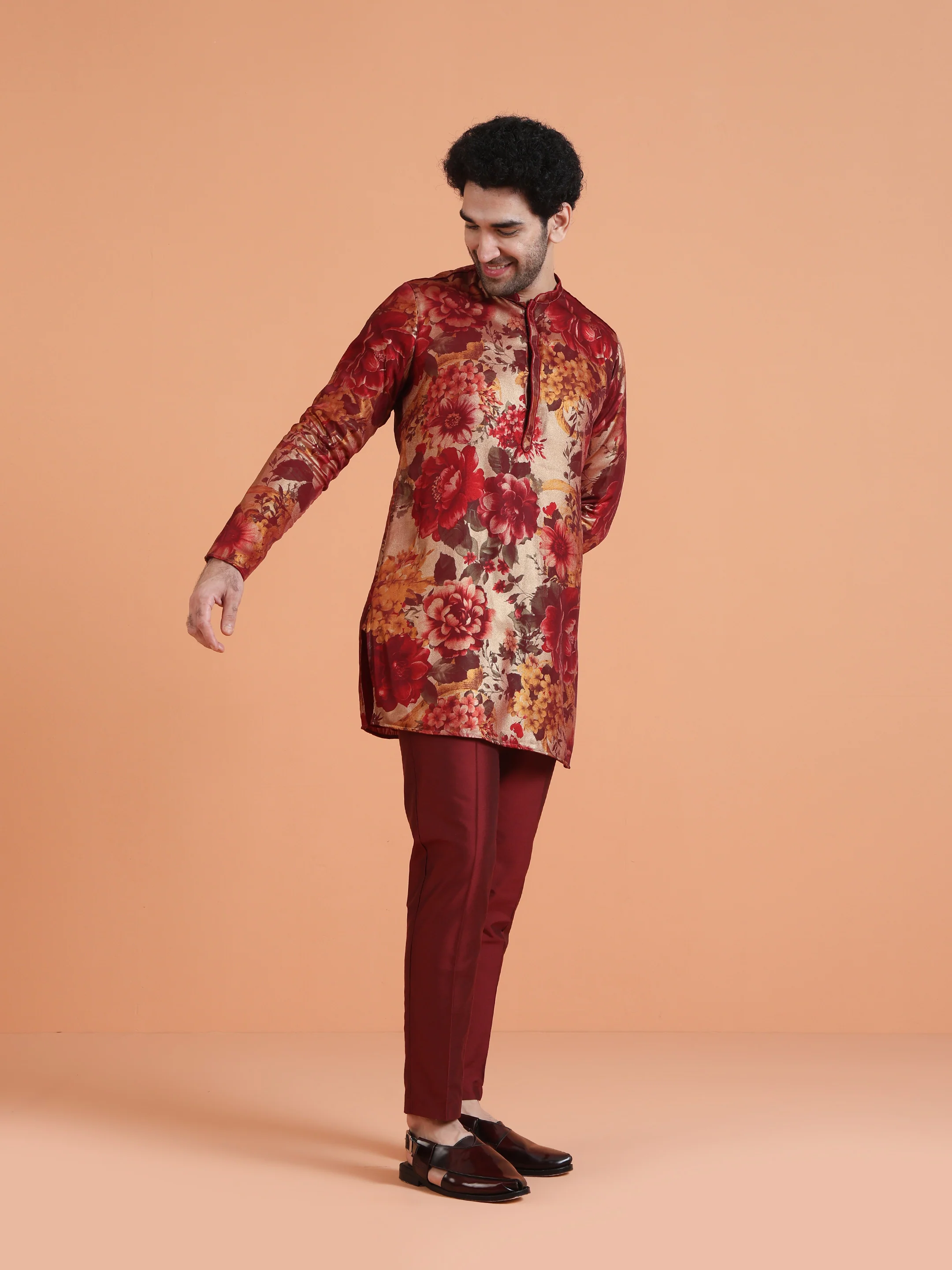 Maroon Art Silk Bold Floral Mid Kurta - Image 3
