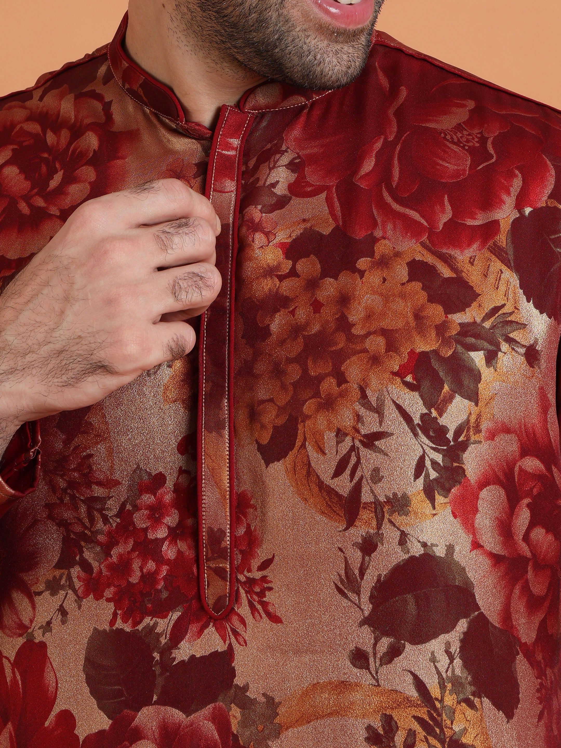 Maroon Art Silk Bold Floral Mid Kurta - Image 5