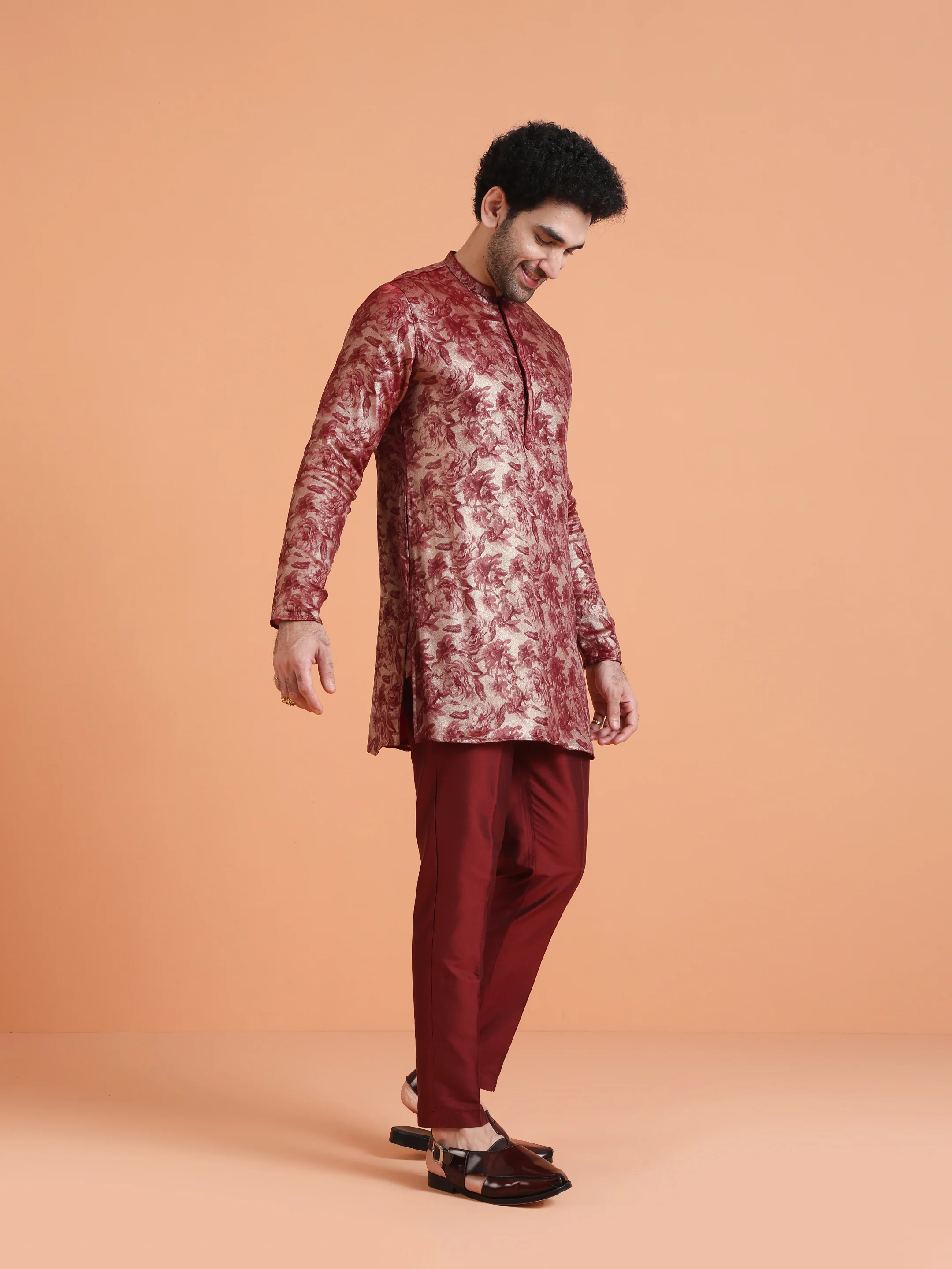 Maroon Art Silk Floral Mid Kurta - Image 3