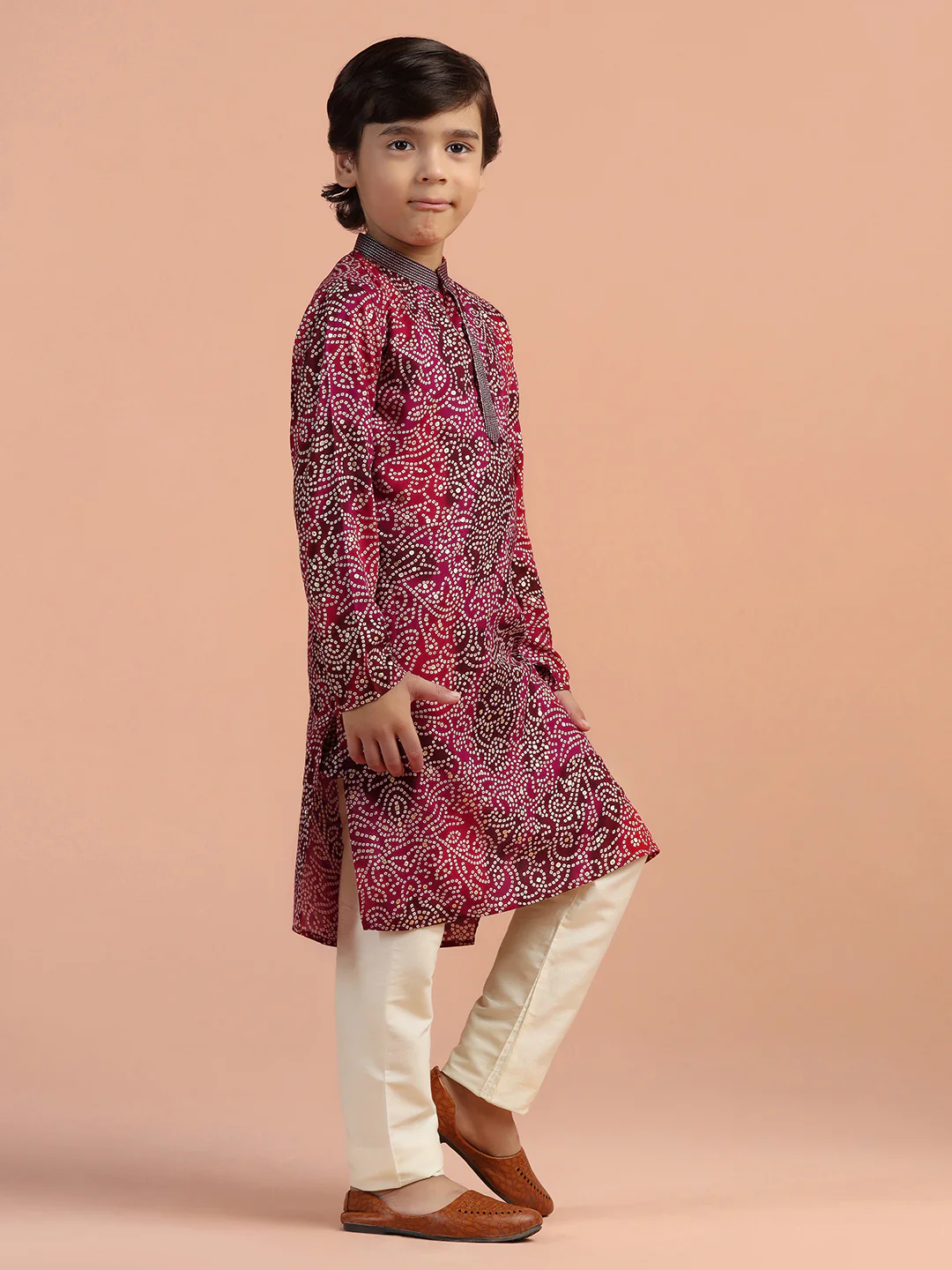 Maroon Bandhani Printed Kids Kurta Set - Image 3