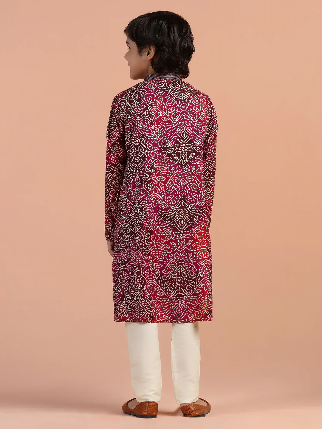 Maroon Bandhani Printed Kids Kurta Set - Image 4