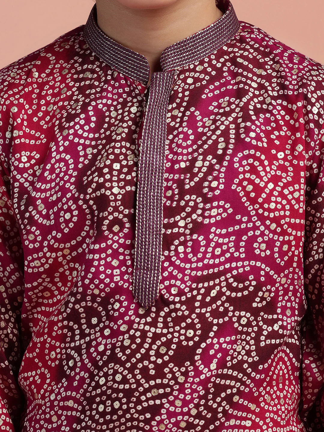 Maroon Bandhani Printed Kids Kurta Set - Image 5