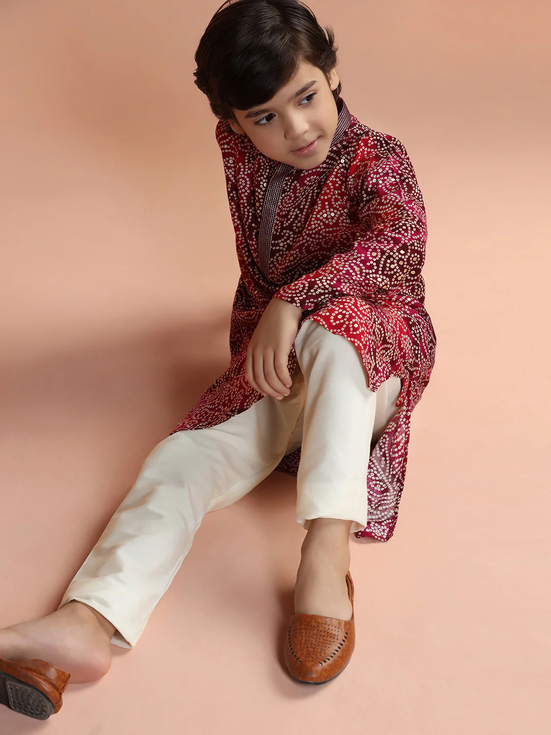 Maroon Bandhani Printed Kids Kurta Set - Image 7