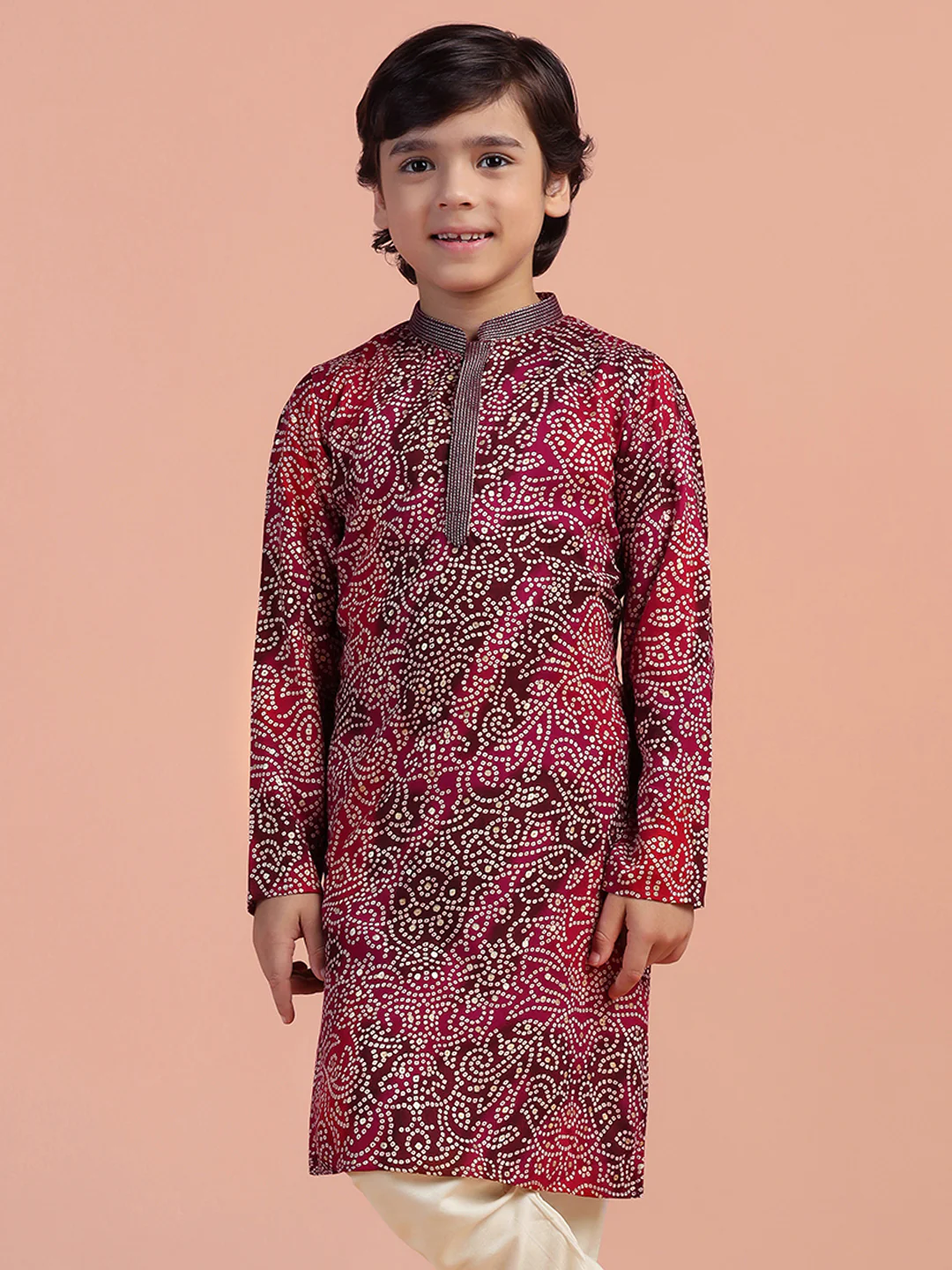 Maroon Bandhani Printed Kids Kurta Set - Image 8