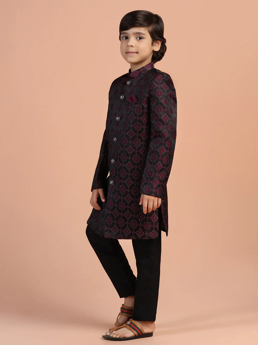 Maroon Black Jacquard Kids Sherwani Set - Image 2