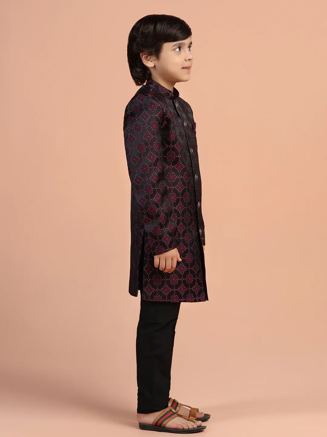 Maroon Black Jacquard Kids Sherwani Set - Image 3