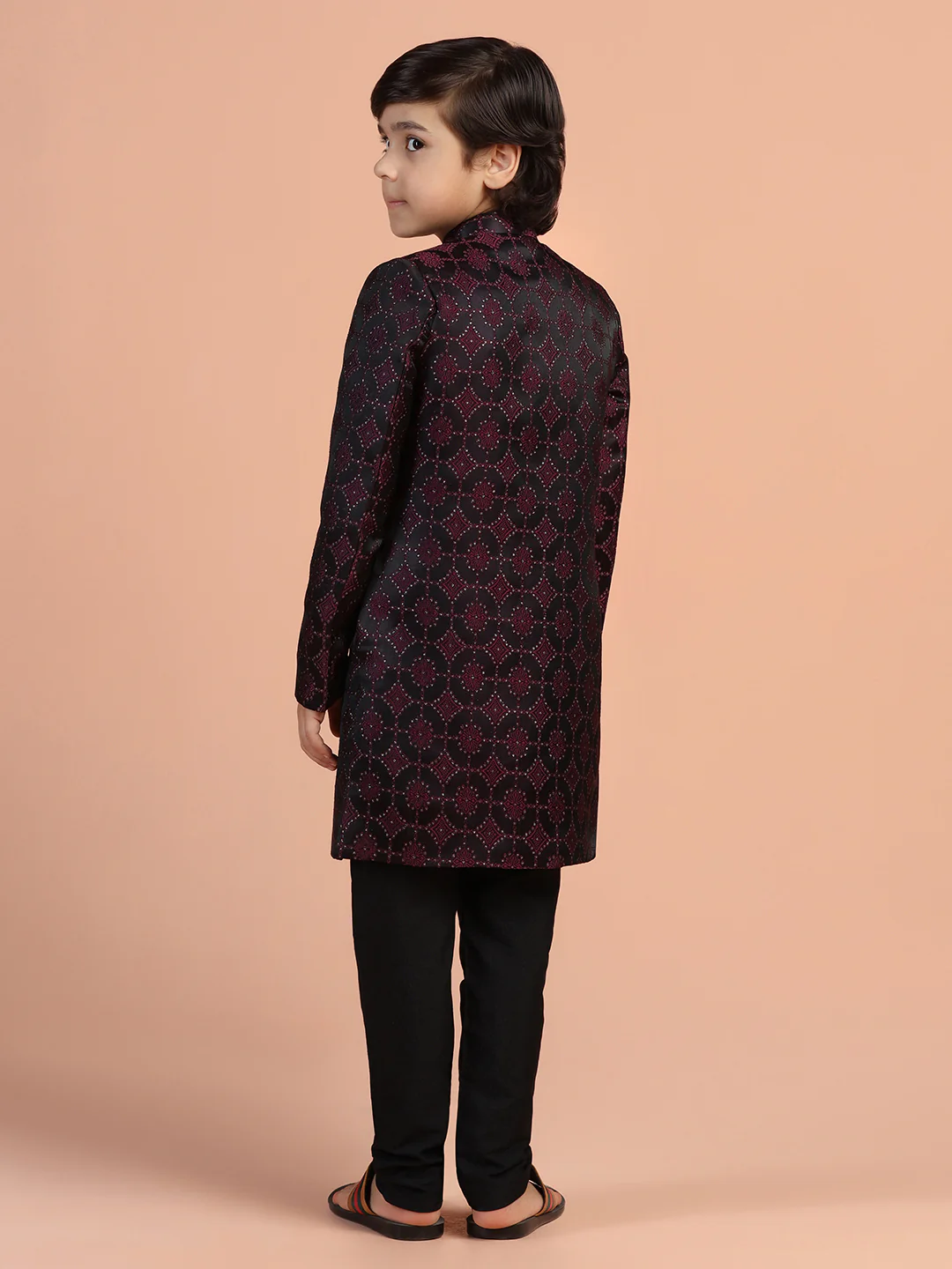 Maroon Black Jacquard Kids Sherwani Set - Image 4