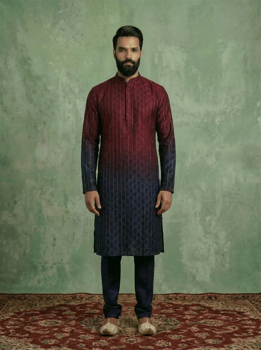 Maroon Cotton Blend Embellished Ombre Kurta Trouser Set