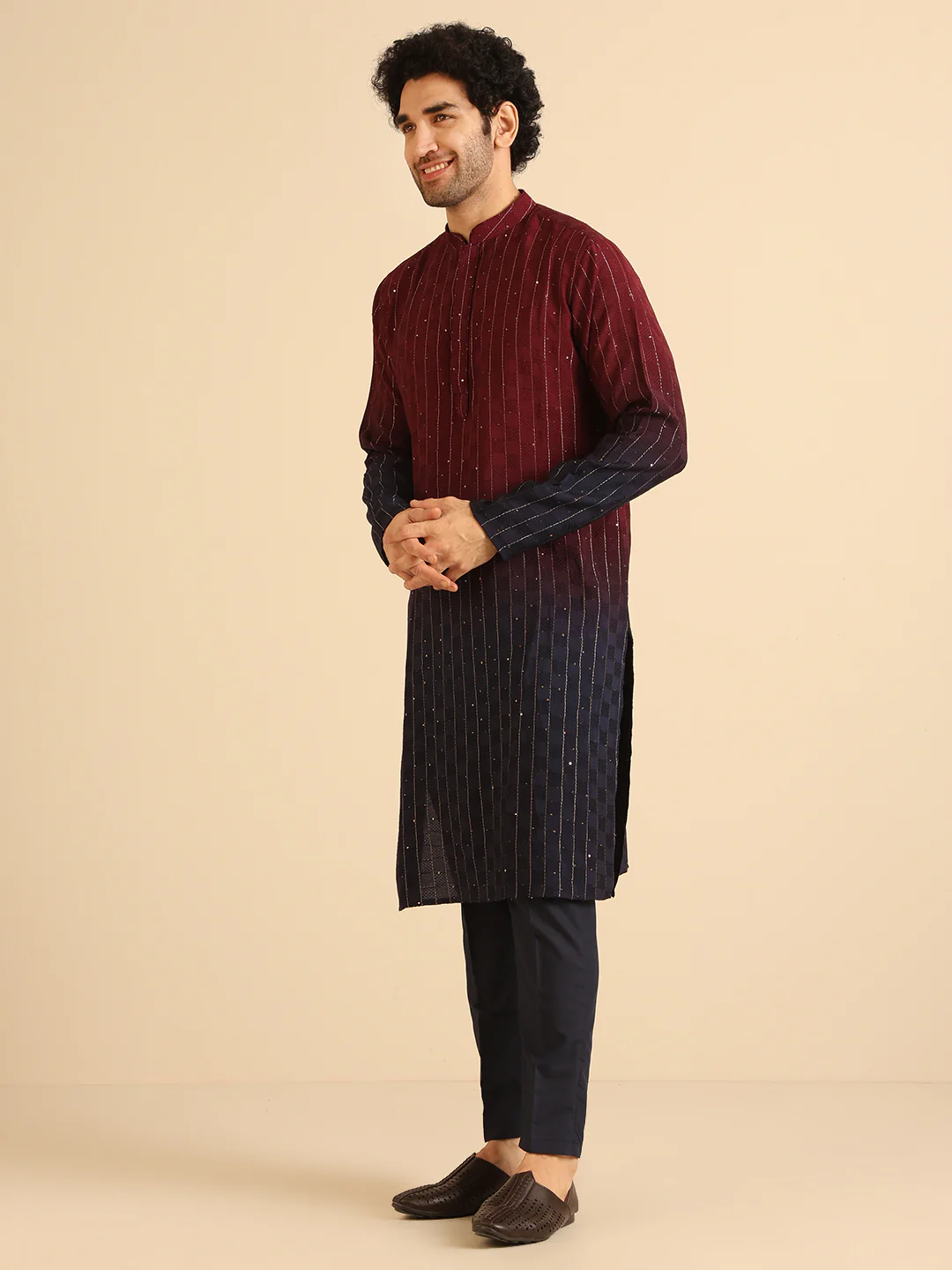 Maroon Cotton Blend Embellished Ombre Kurta Trouser Set - Image 3