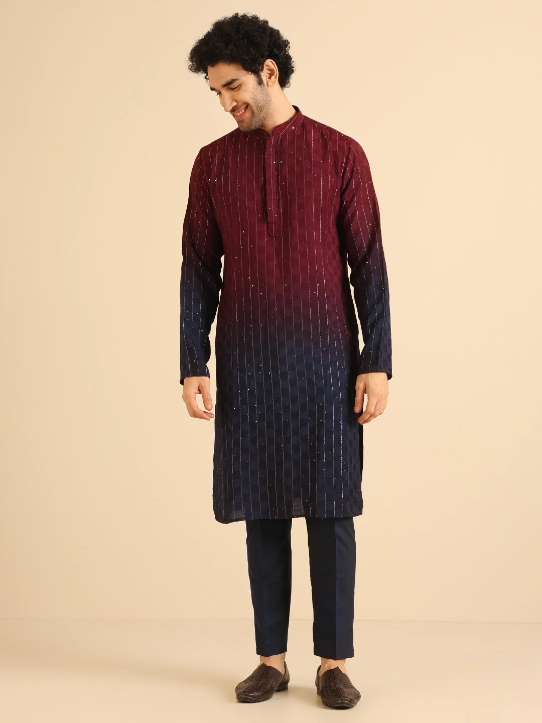 Maroon Cotton Blend Embellished Ombre Kurta Trouser Set - Image 8