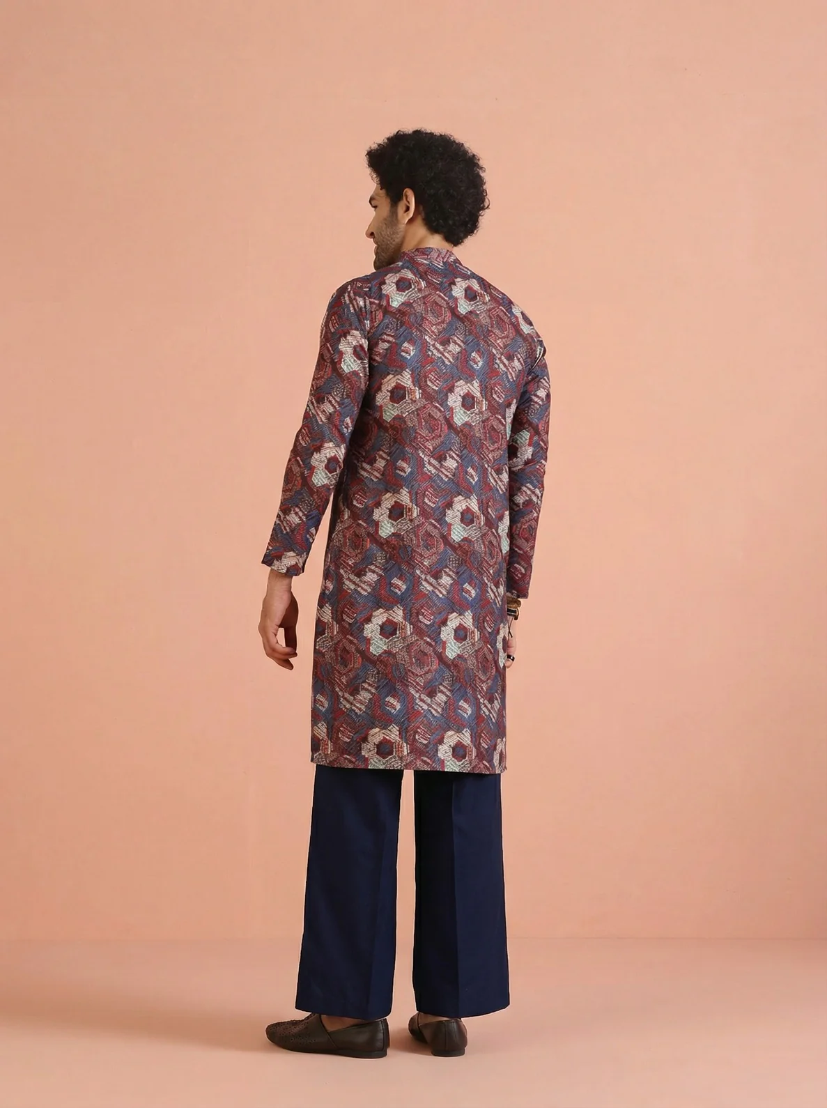 Maroon Cotton Blend Printed Kurta Wide Leg Trouser Set - Image 3