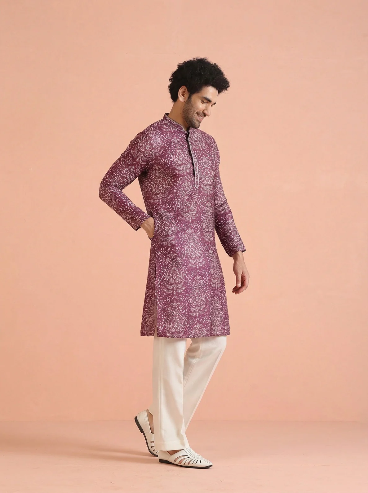 Maroon Cotton Blend Printed Kurta Wide Leg Trouser Set - Image 2