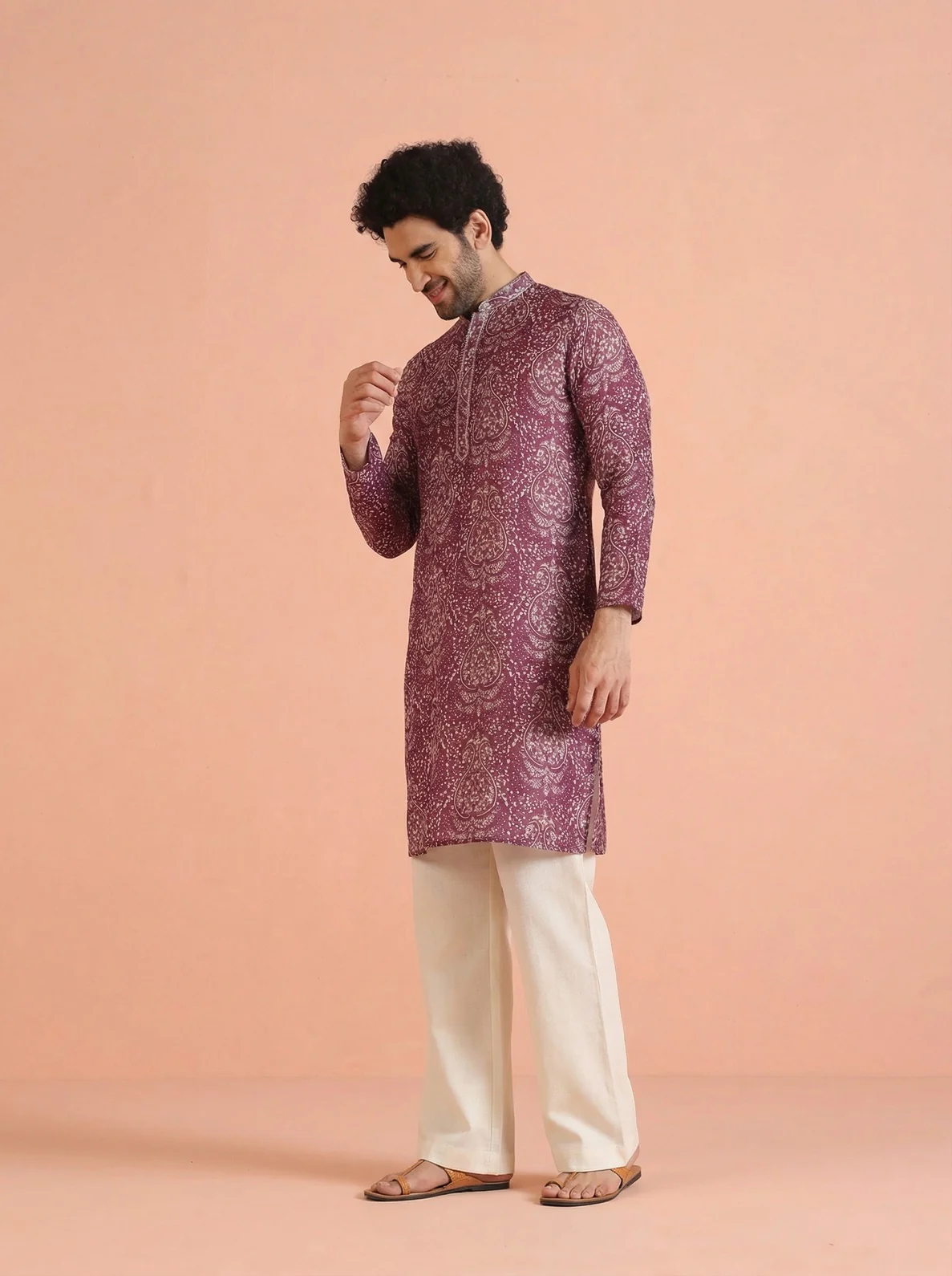 Maroon Cotton Blend Printed Kurta Wide Leg Trouser Set - Image 7