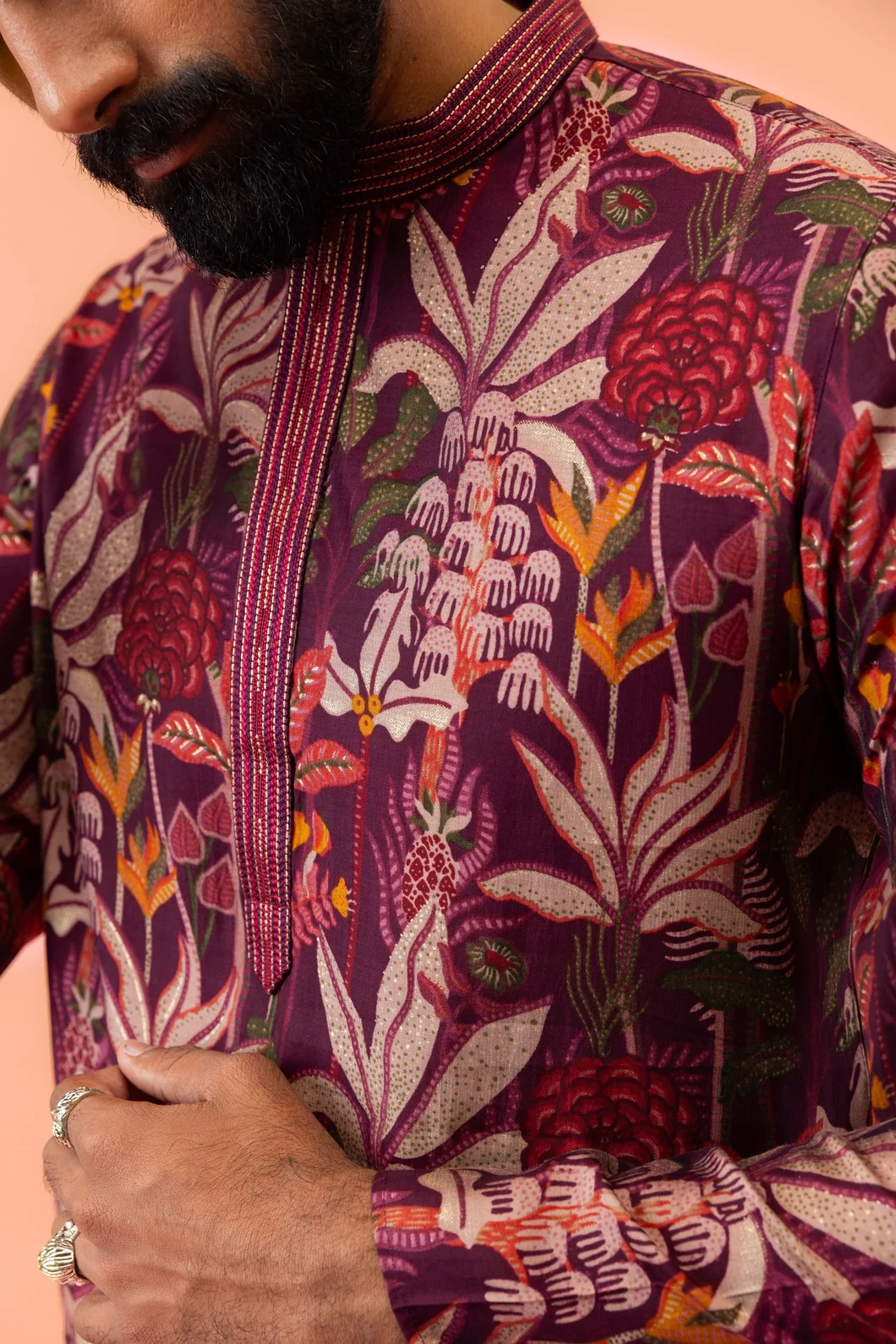 Maroon Cotton Blend Printed Kurta Wide Leg Trouser Set - Image 4
