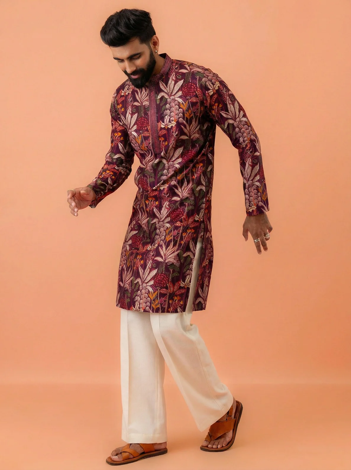 Maroon Cotton Blend Printed Kurta Wide Leg Trouser Set - Image 6