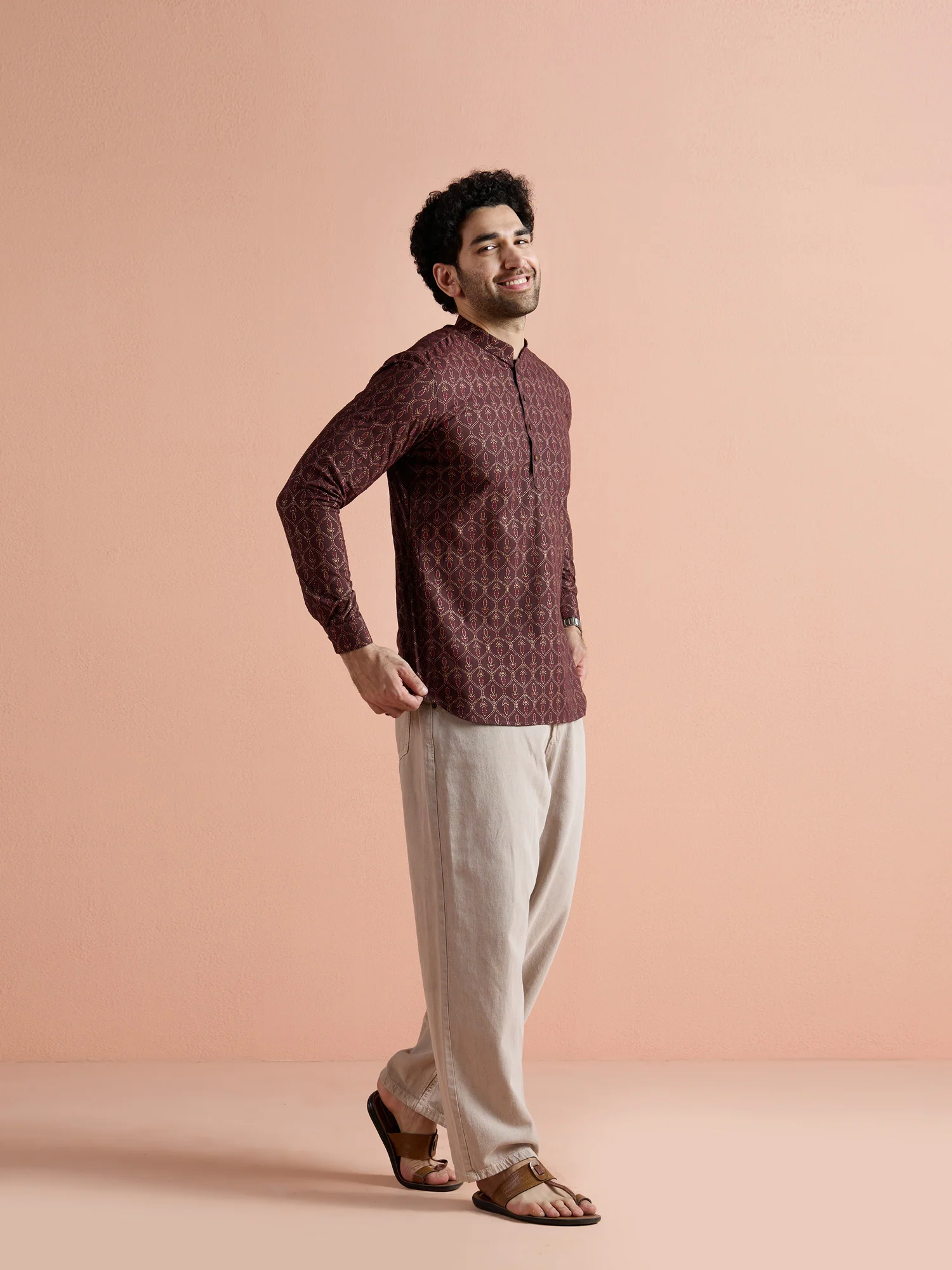 Maroon Cotton Printed Short Kurta - Image 2