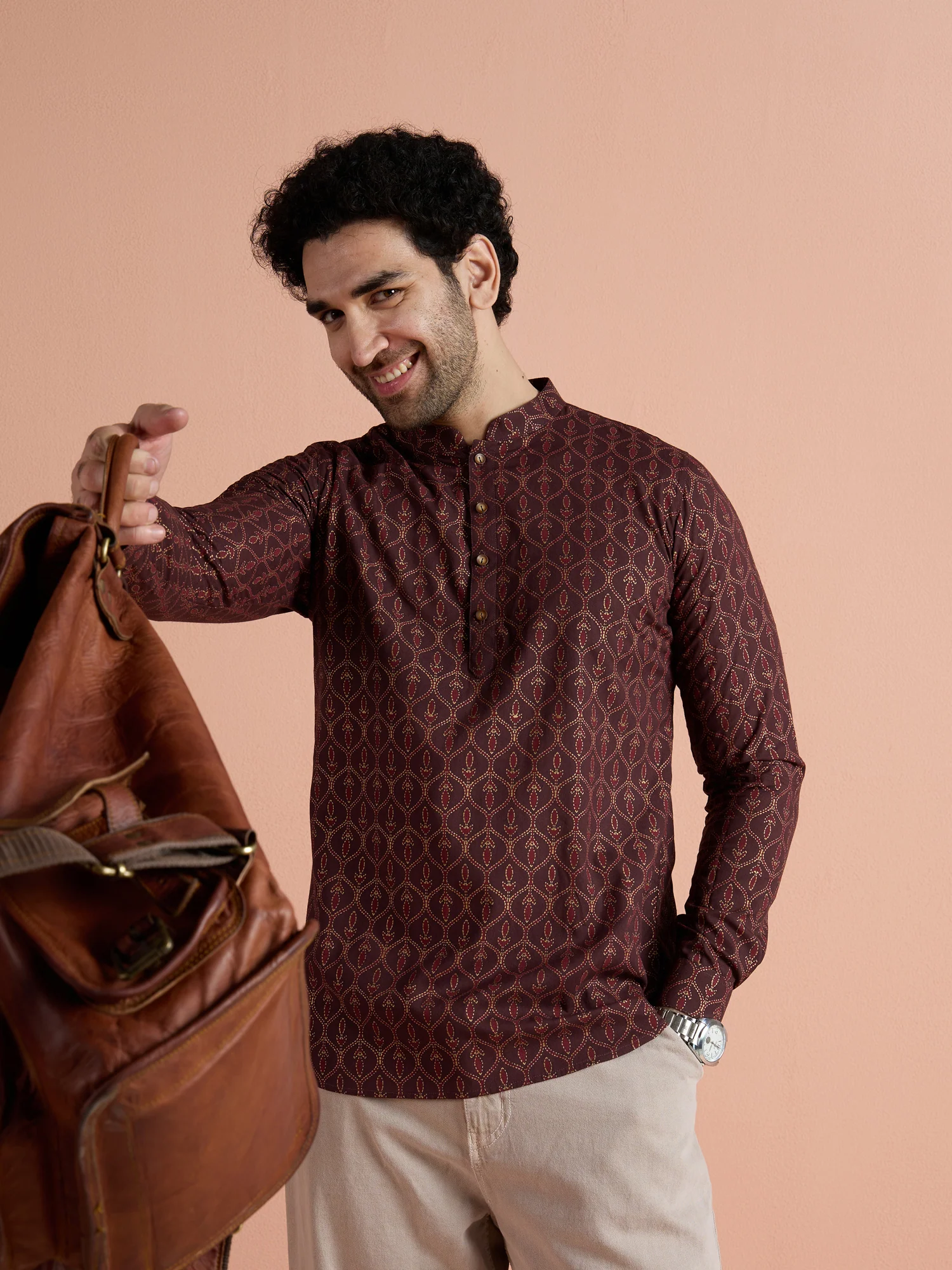 Maroon Cotton Printed Short Kurta - Image 7