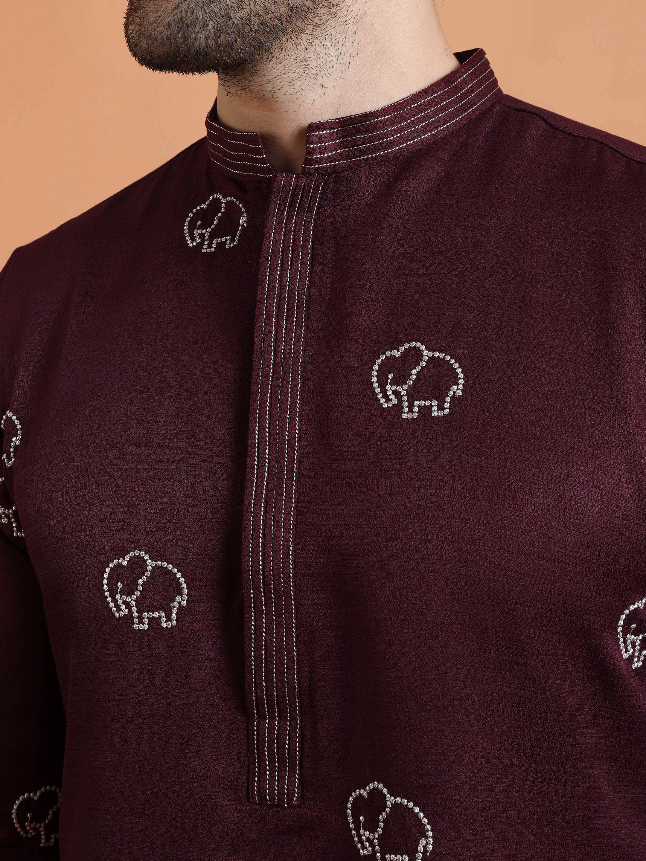 Maroon Cotton Silk Embroidered Kurta - Image 5