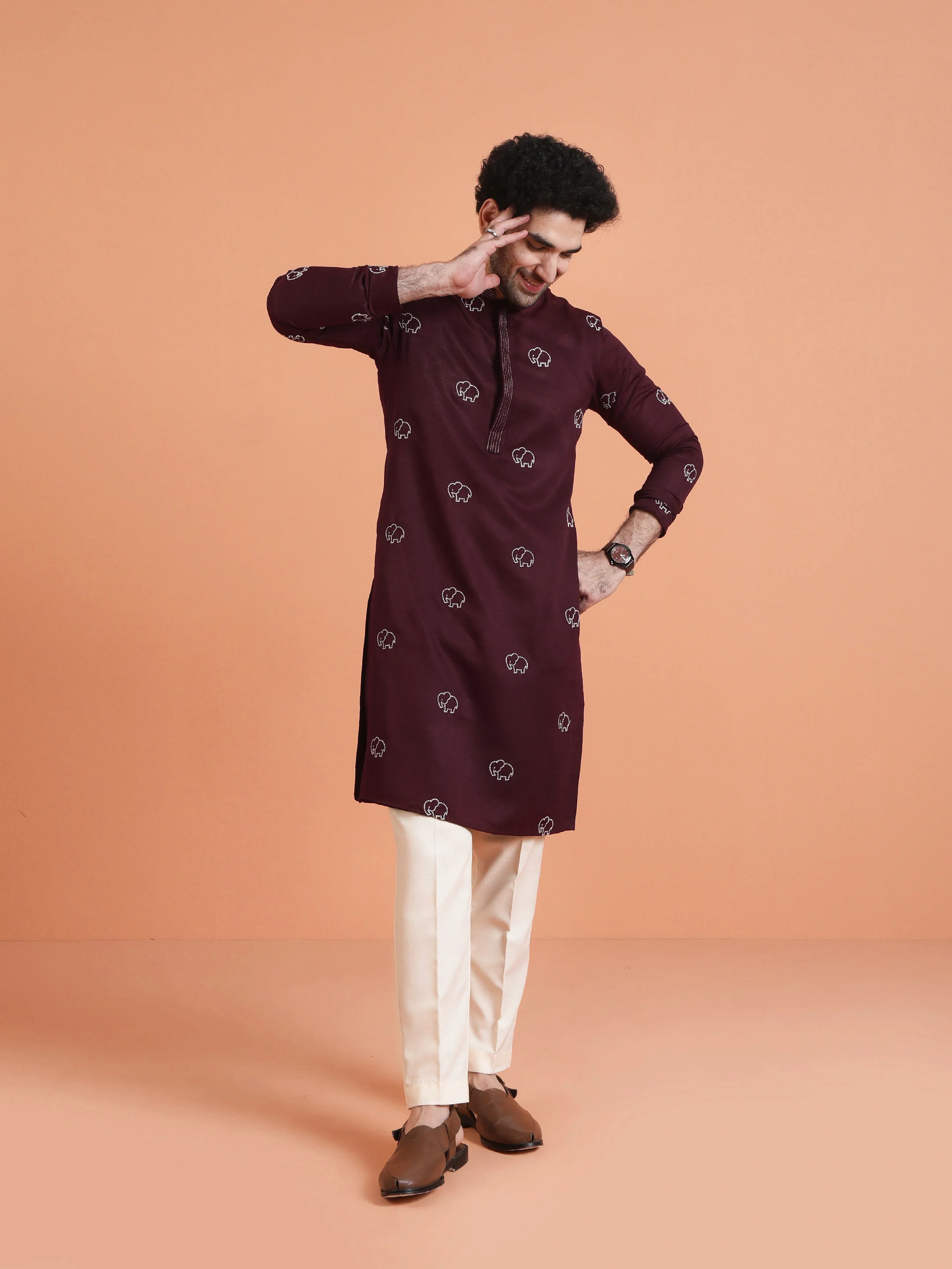 Maroon Cotton Silk Embroidered Kurta - Image 8