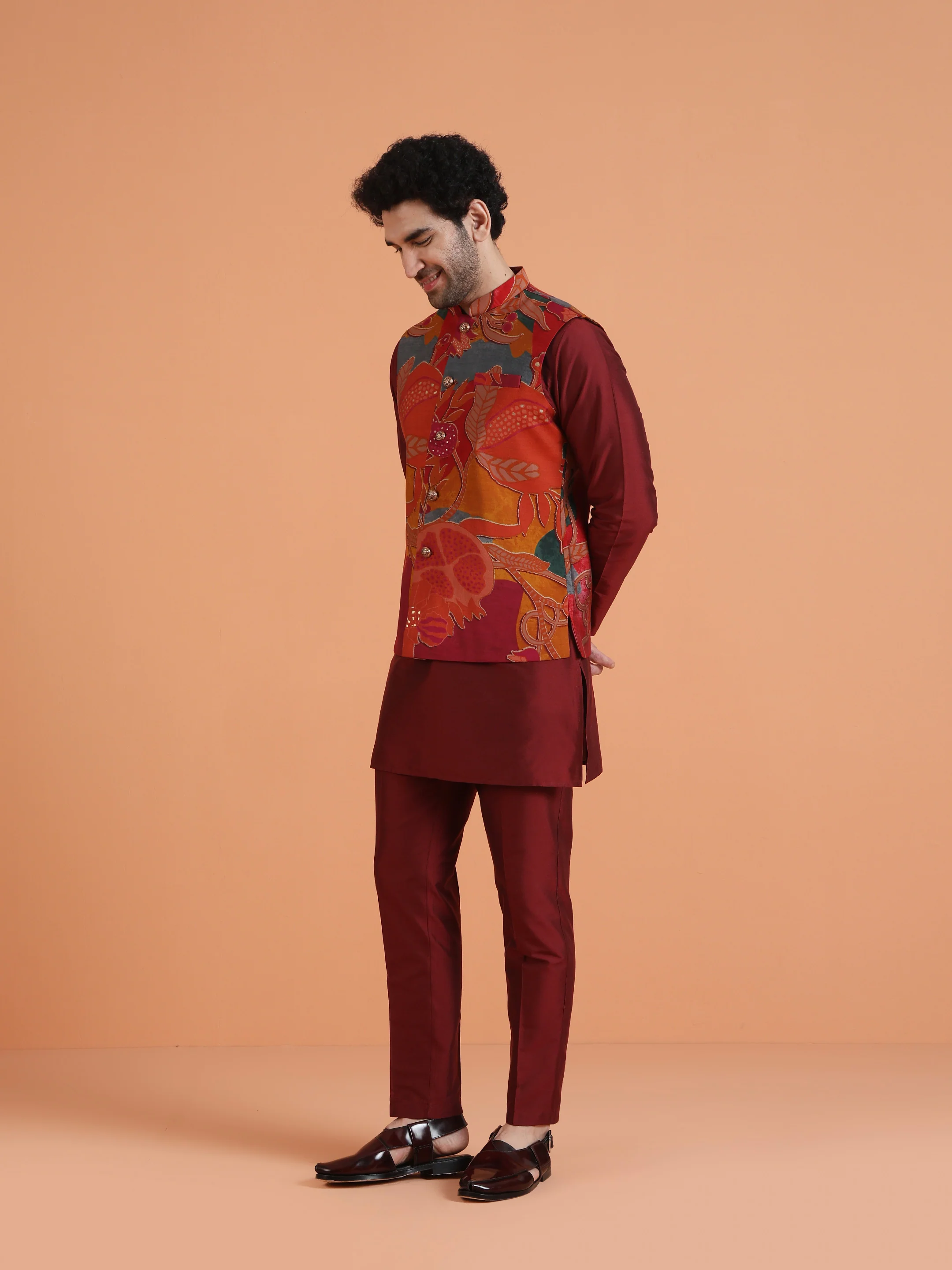 Maroon Cotton Silk Printed Jacket Kurta Trouser Set - Image 2
