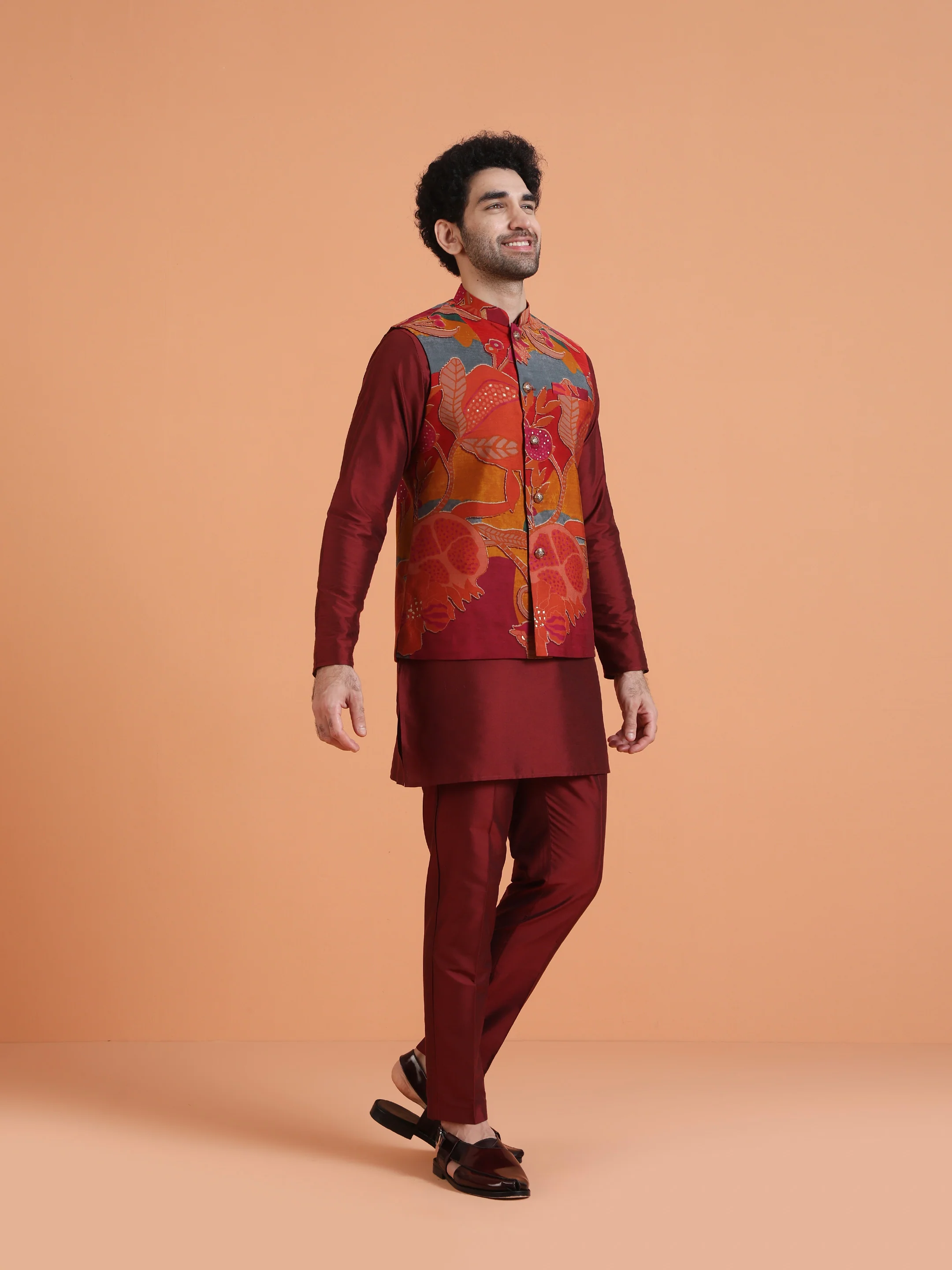 Maroon Cotton Silk Printed Jacket Kurta Trouser Set - Image 3