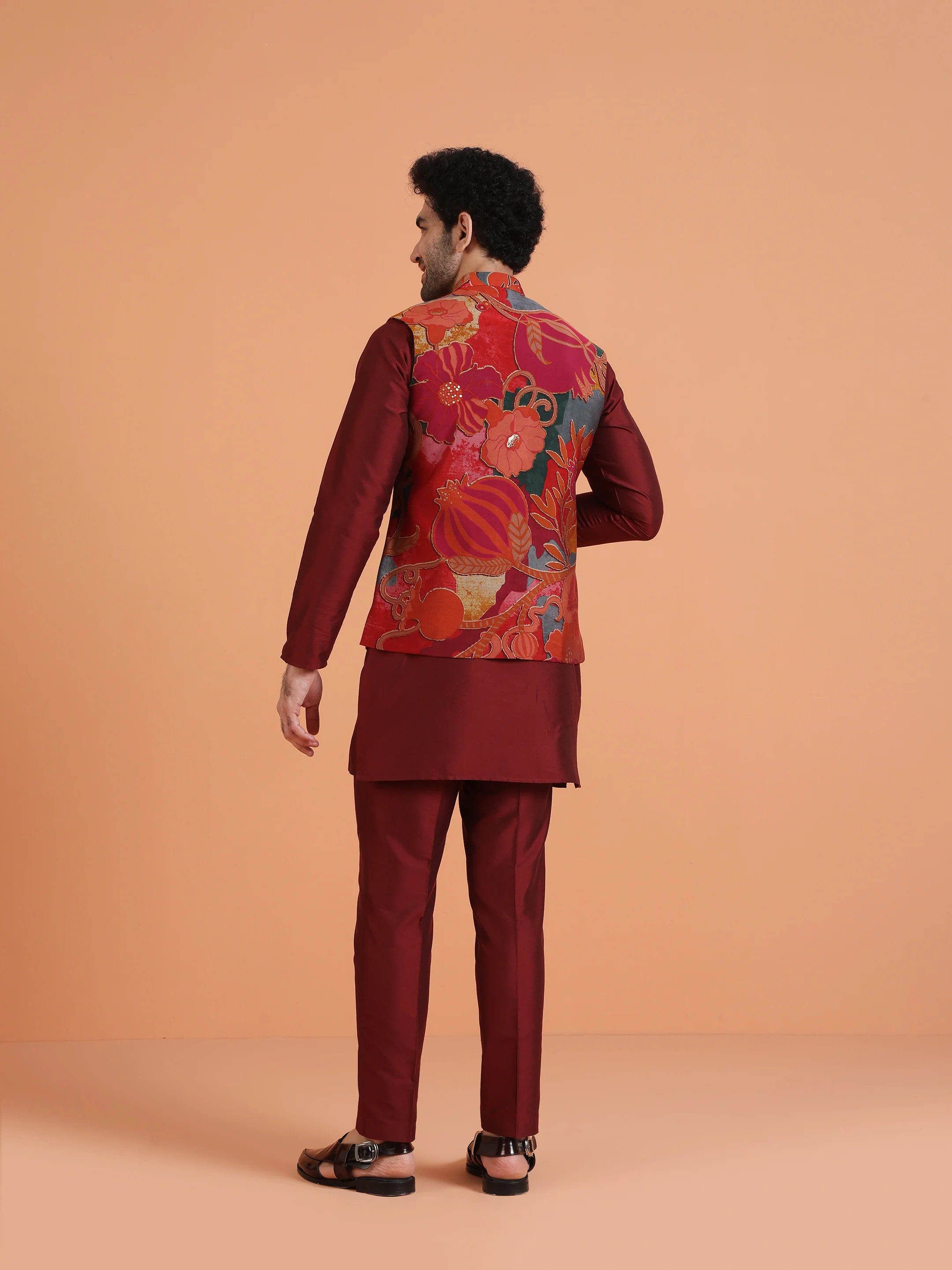 Maroon Cotton Silk Printed Jacket Kurta Trouser Set - Image 4