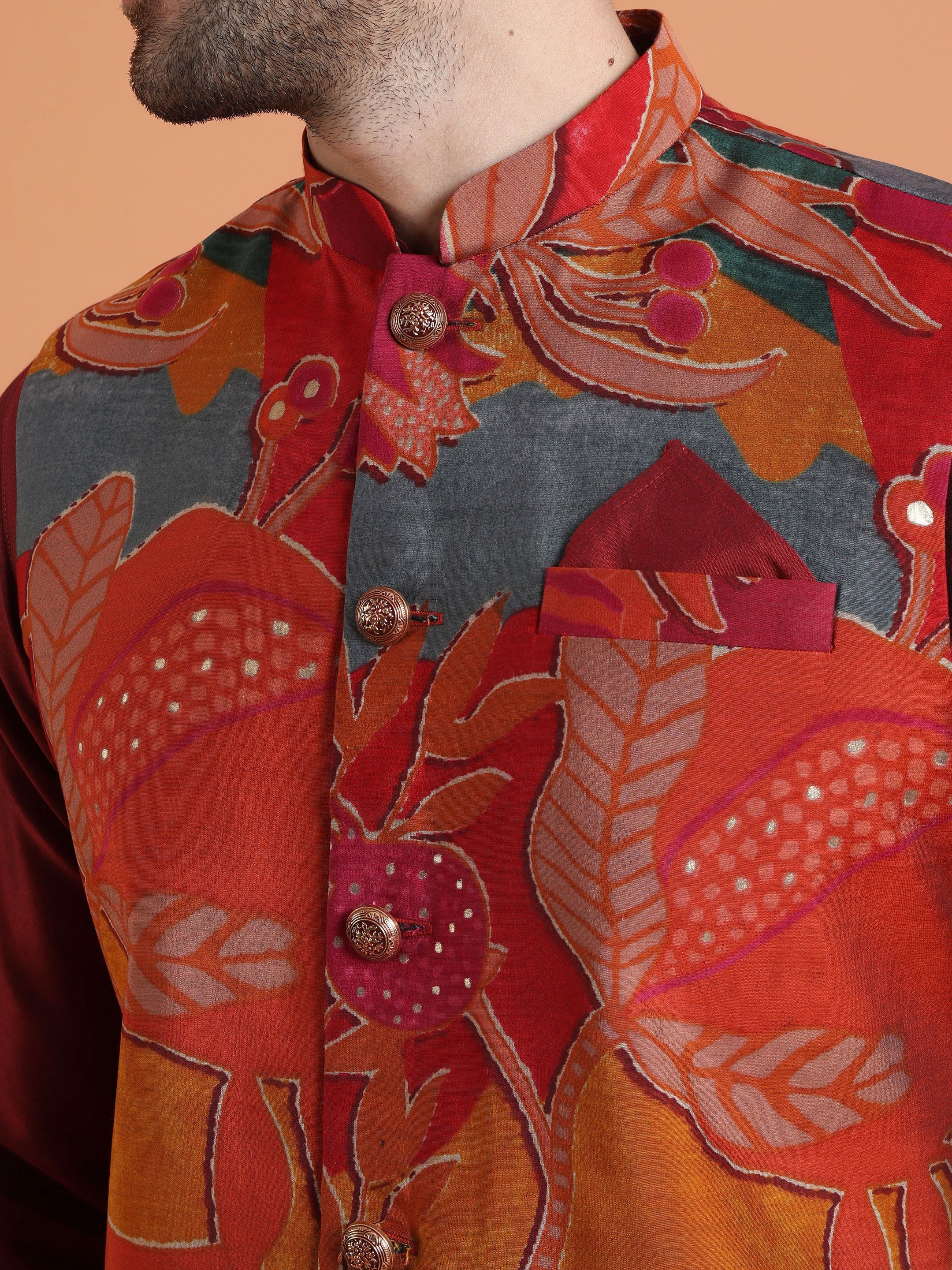 Maroon Cotton Silk Printed Jacket Kurta Trouser Set - Image 5