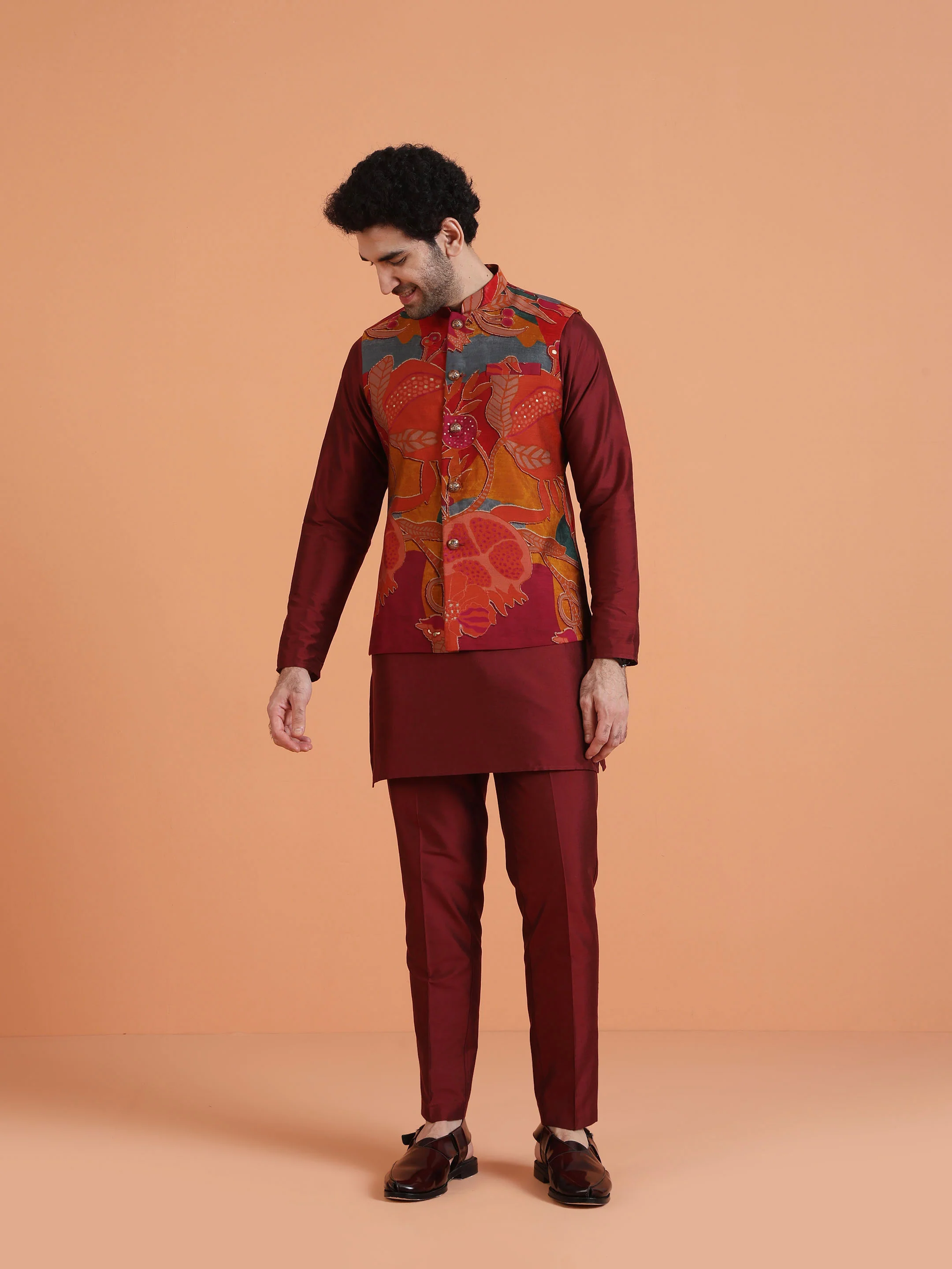 Maroon Cotton Silk Printed Jacket Kurta Trouser Set - Image 7