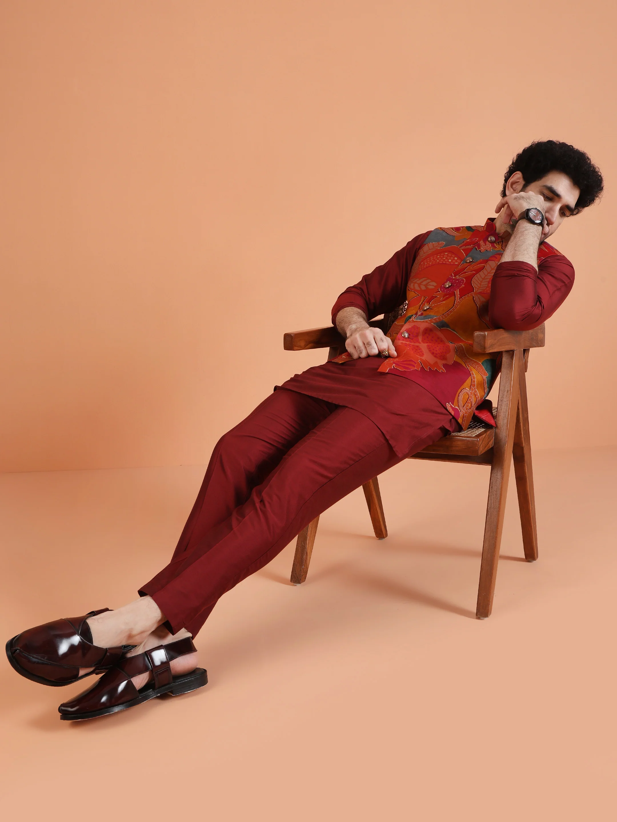 Maroon Cotton Silk Printed Jacket Kurta Trouser Set - Image 8