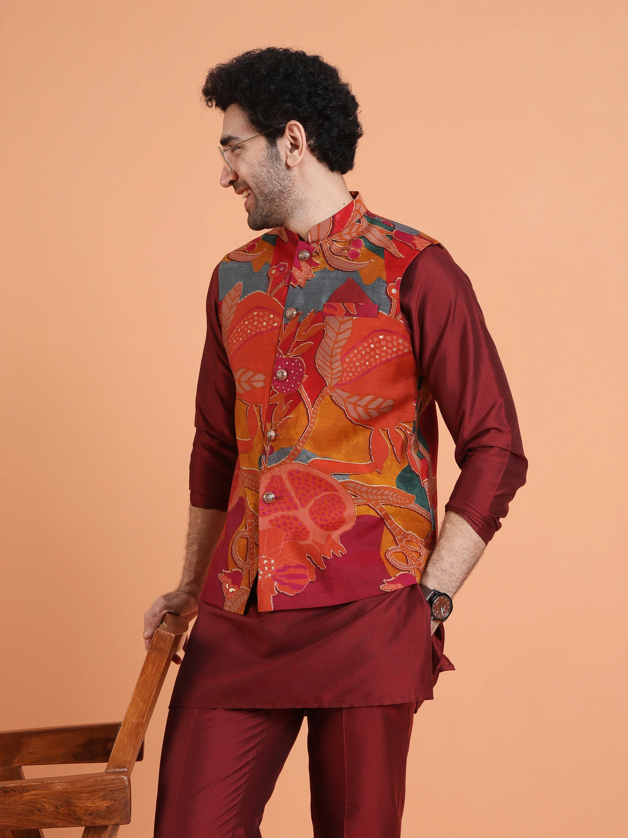 Maroon Cotton Silk Printed Jacket Kurta Trouser Set - Image 9