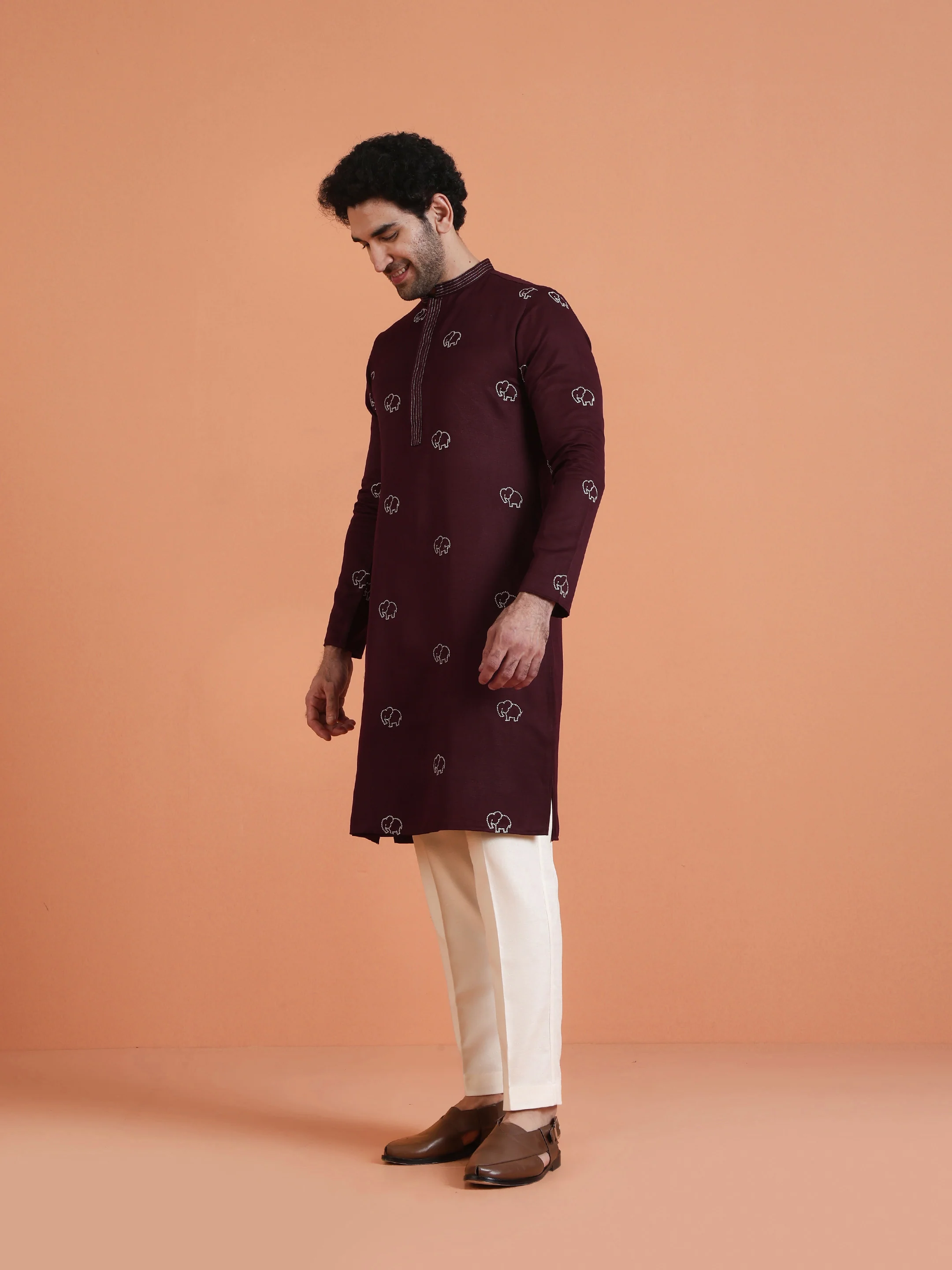 Maroon Embroidered Kurta with Cream Trouser Set â€“ Elegant Festive Wear - Image 3