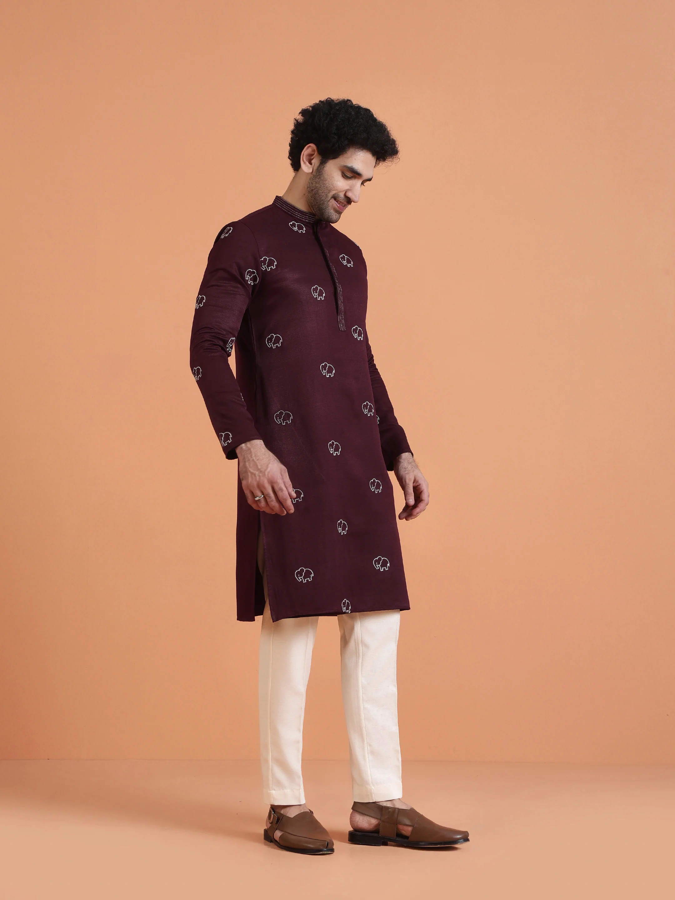 Maroon Embroidered Kurta with Cream Trouser Set â€“ Elegant Festive Wear - Image 4