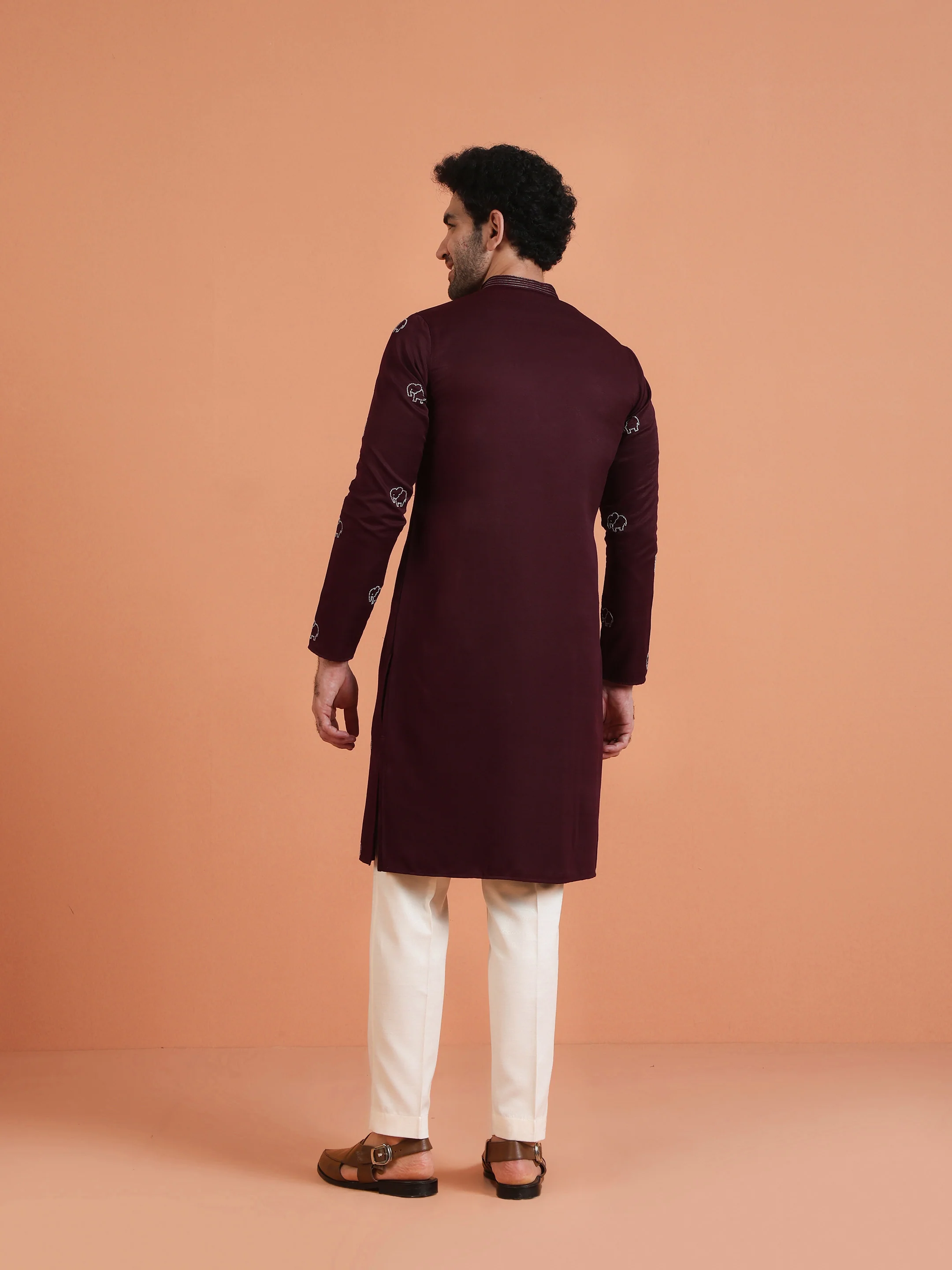 Maroon Embroidered Kurta with Cream Trouser Set â€“ Elegant Festive Wear - Image 5