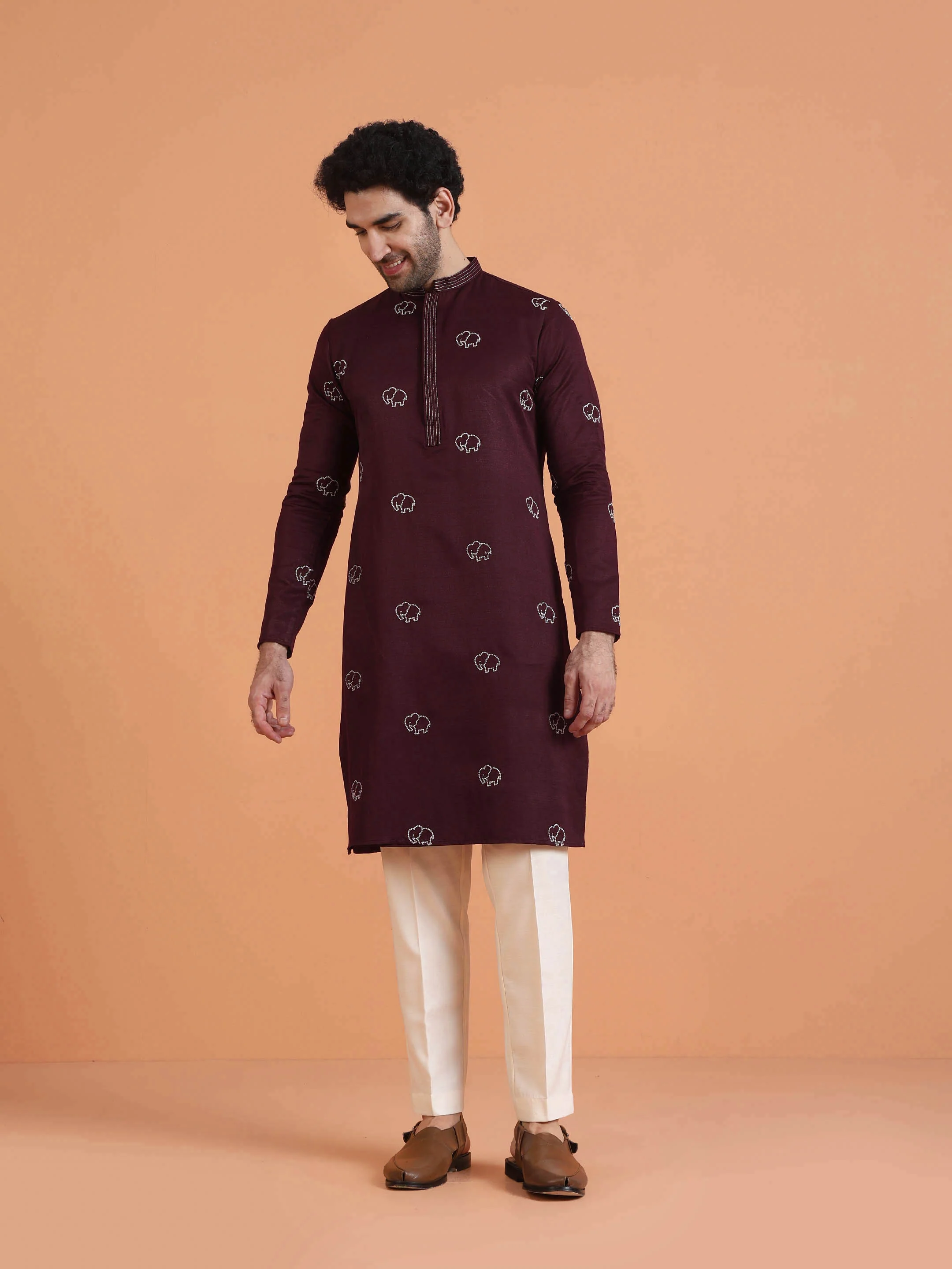Maroon Embroidered Kurta with Cream Trouser Set â€“ Elegant Festive Wear - Image 8