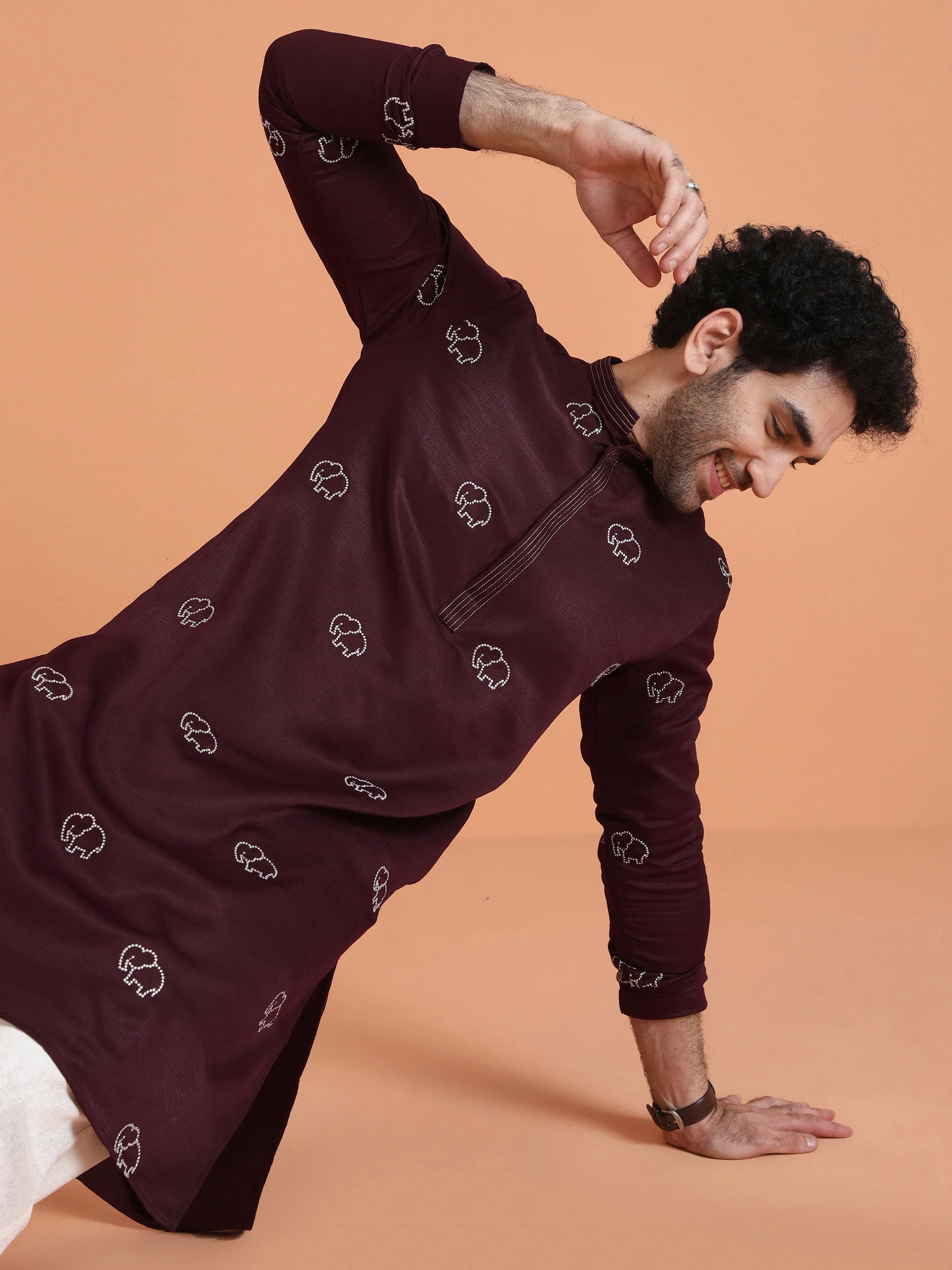 Maroon Embroidered Kurta with Cream Trouser Set â€“ Elegant Festive Wear - Image 9