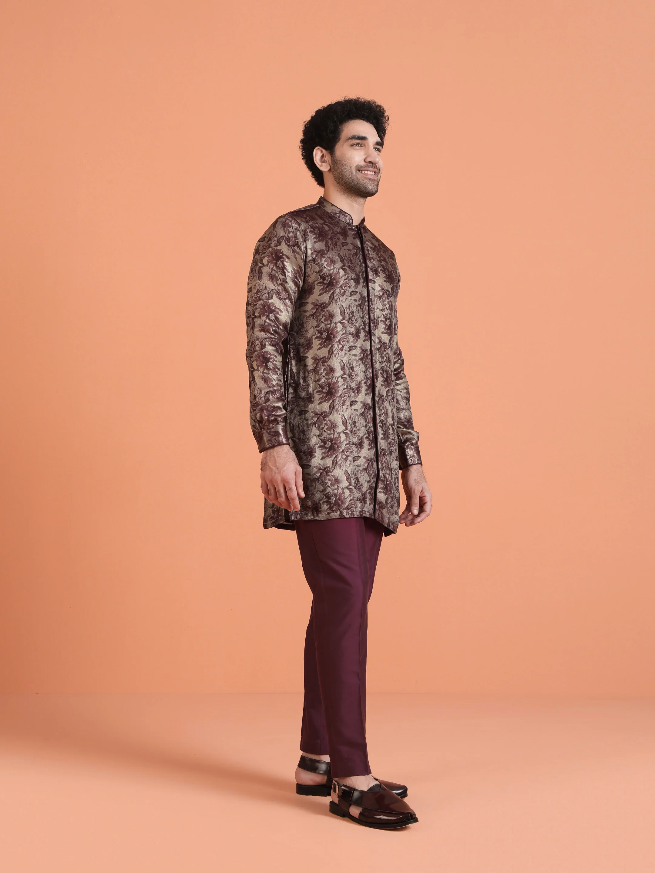 Maroon Floral Art Silk Front Open Kurta Set - Image 3