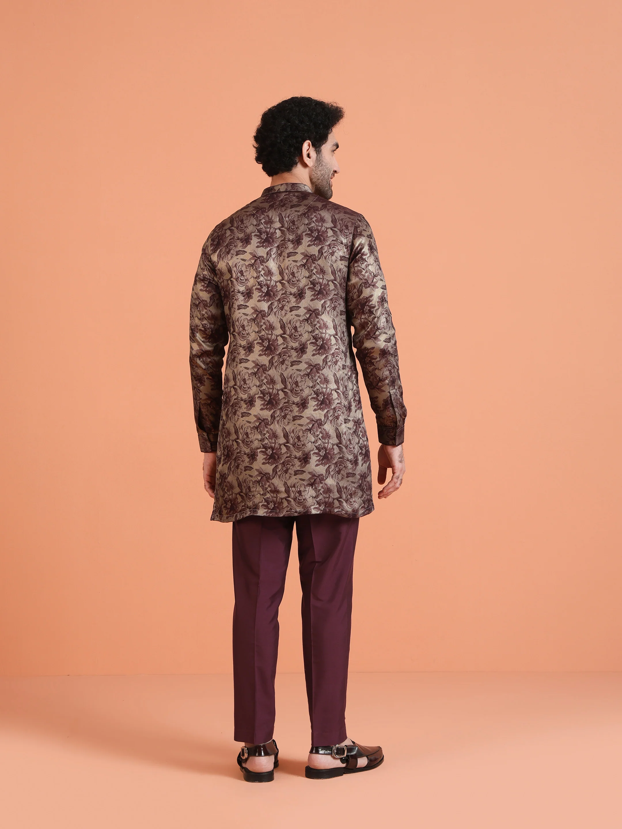 Maroon Floral Art Silk Front Open Kurta Set - Image 4