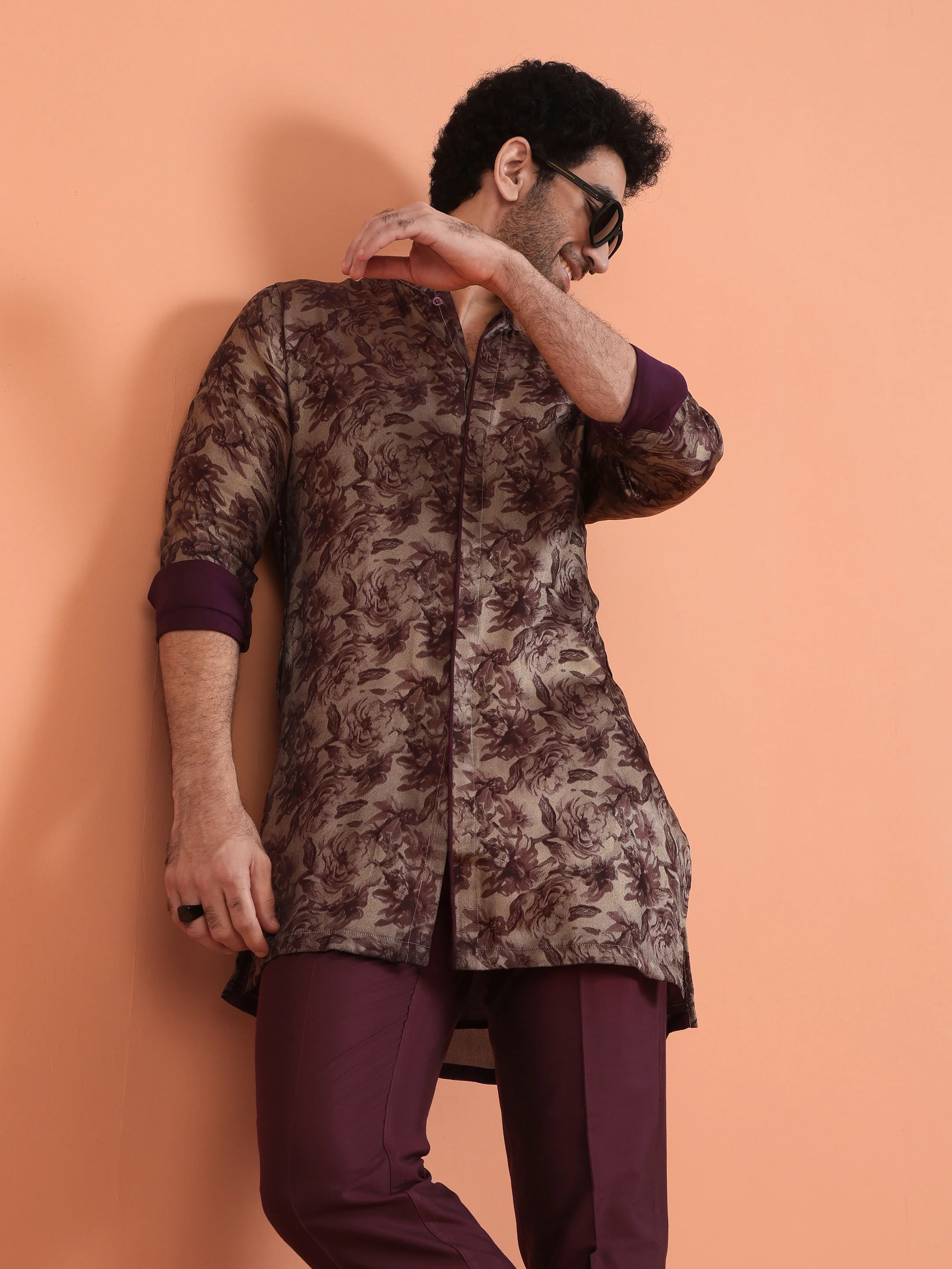 Maroon Floral Art Silk Front Open Kurta Set - Image 8