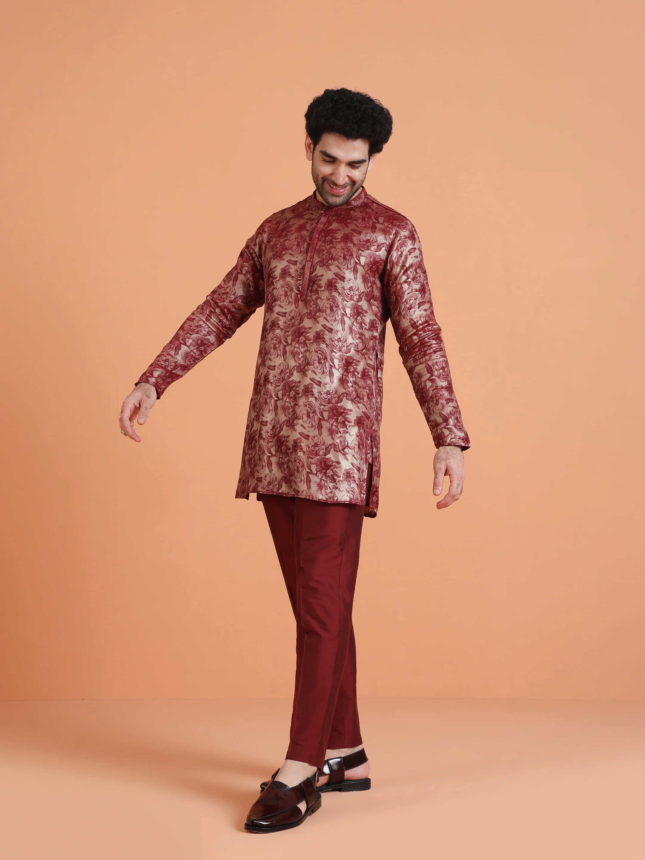 Maroon Floral Printed Kurta Set with Trouser â€“ Festive & Occasion Wear - Image 2
