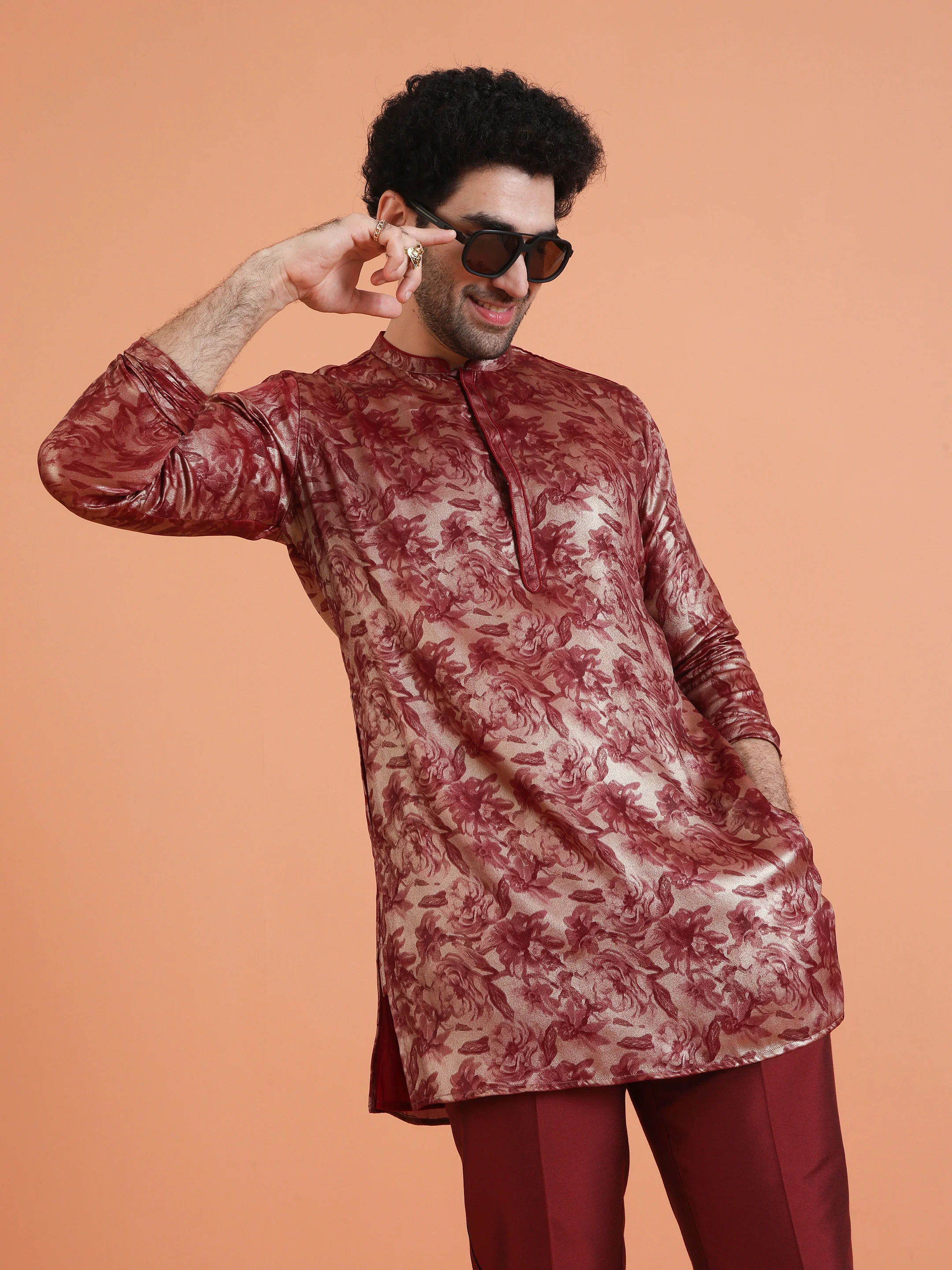 Maroon Floral Printed Kurta Set with Trouser â€“ Festive & Occasion Wear - Image 9