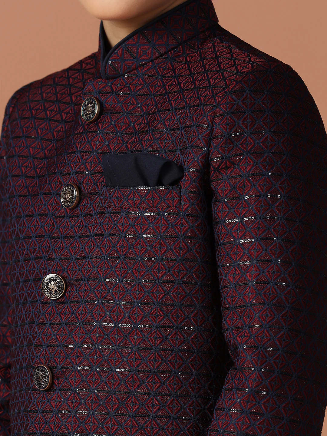 Maroon Jacquard Kids Sherwani Set - Image 5